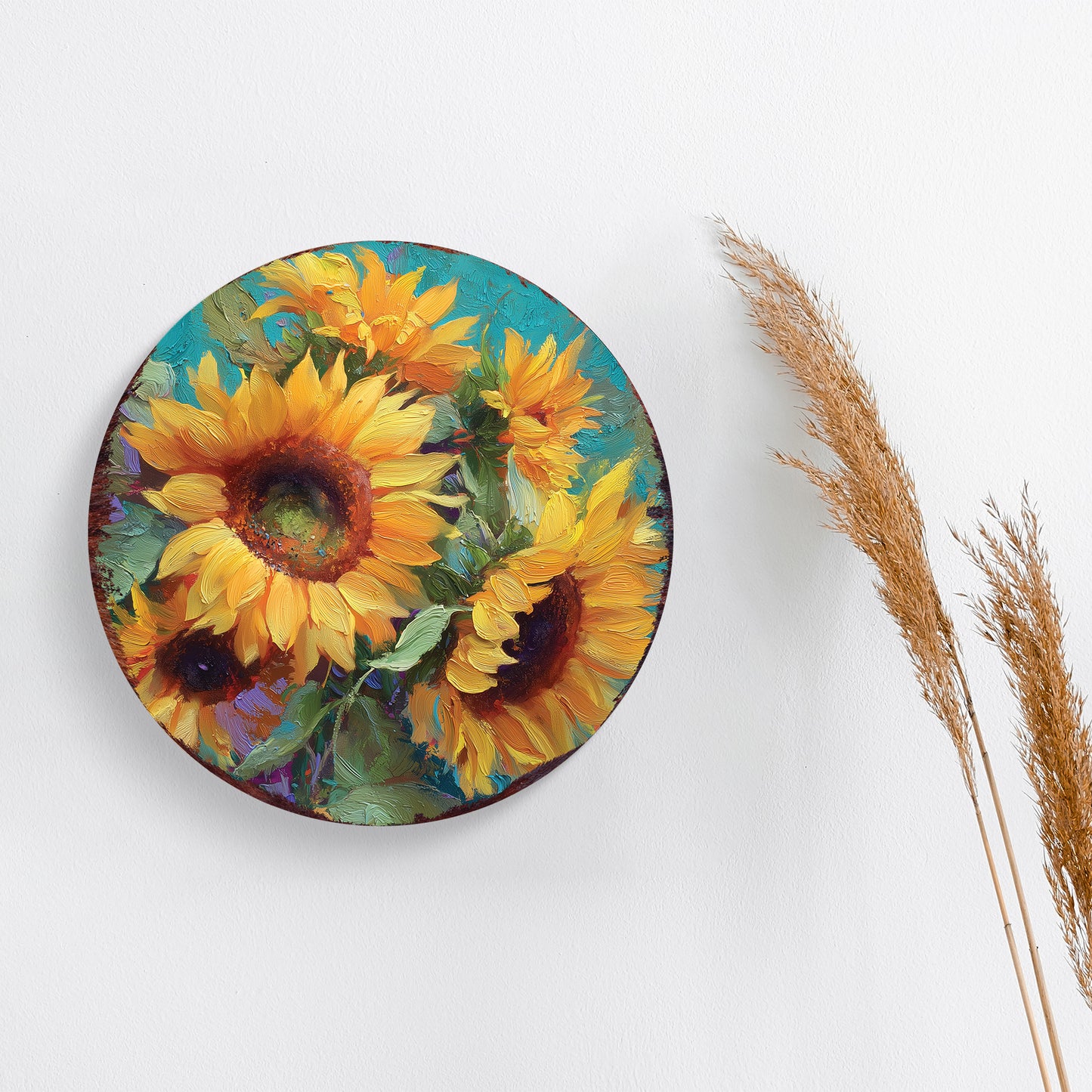 Fall Sunflower Door Hanger – Round Wood Sign, Oil Paint Style UV Print, Rustic Front Door or Wall Decor, 12–16in