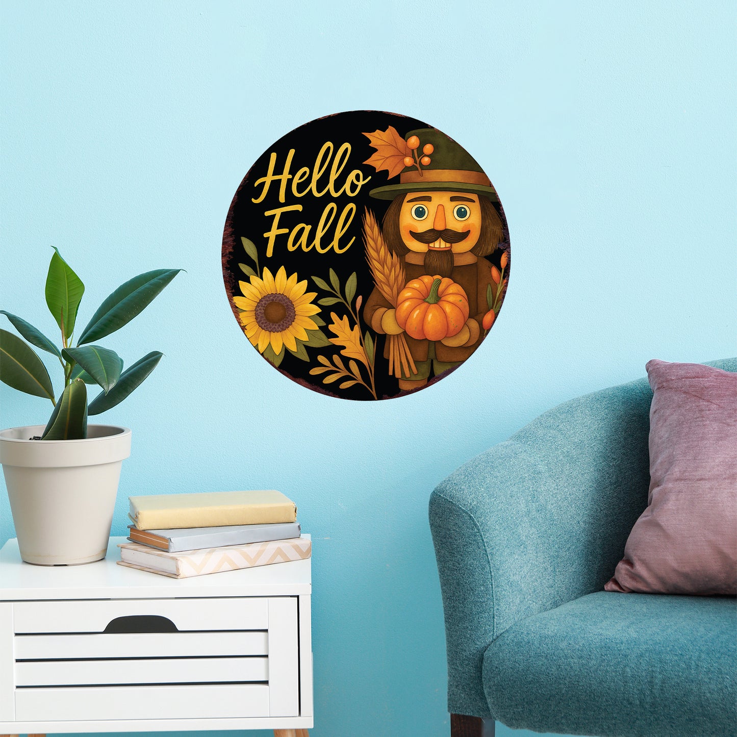 Hello Fall Door Hanger – Round Wood Sign with Red Truck & Pumpkins, UV Print Fall Decor for Front Door or Wall, 12–16in