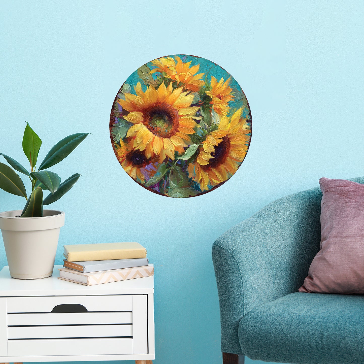Fall Sunflower Door Hanger – Round Wood Sign, Oil Paint Style UV Print, Rustic Front Door or Wall Decor, 12–16in