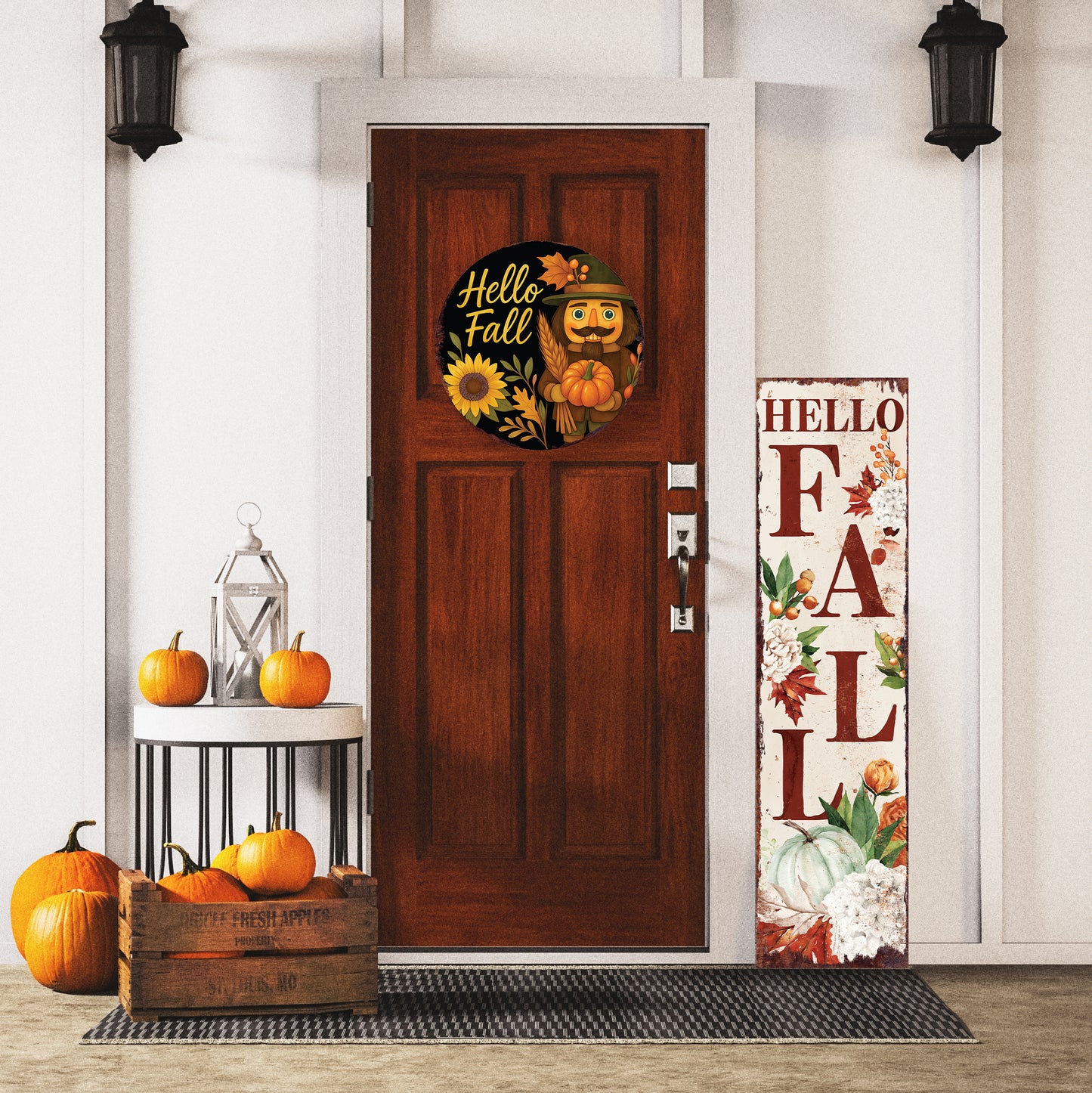 Hello Fall Door Hanger – Round Wood Sign with Red Truck & Pumpkins, UV Print Fall Decor for Front Door or Wall, 12–16in