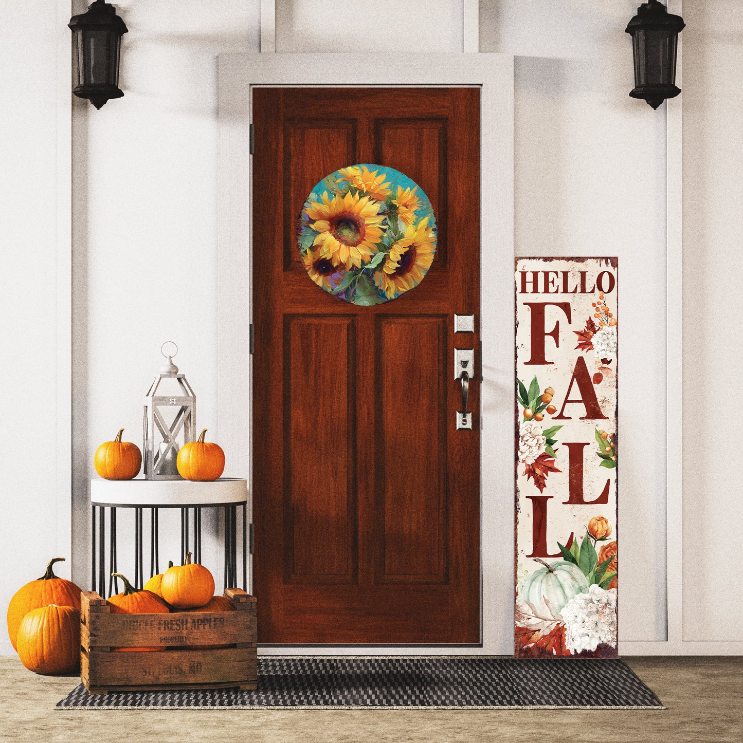 Fall Sunflower Door Hanger – Round Wood Sign, Oil Paint Style UV Print, Rustic Front Door or Wall Decor, 12–16in