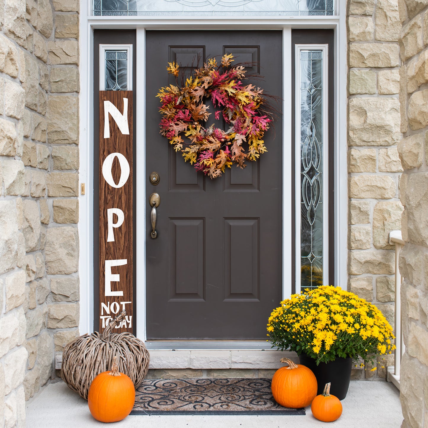 72-Inch Wooden "Nope, Not Today" Porch Sign for Front Door, Brown Standing Porch Sign with Foldable Design