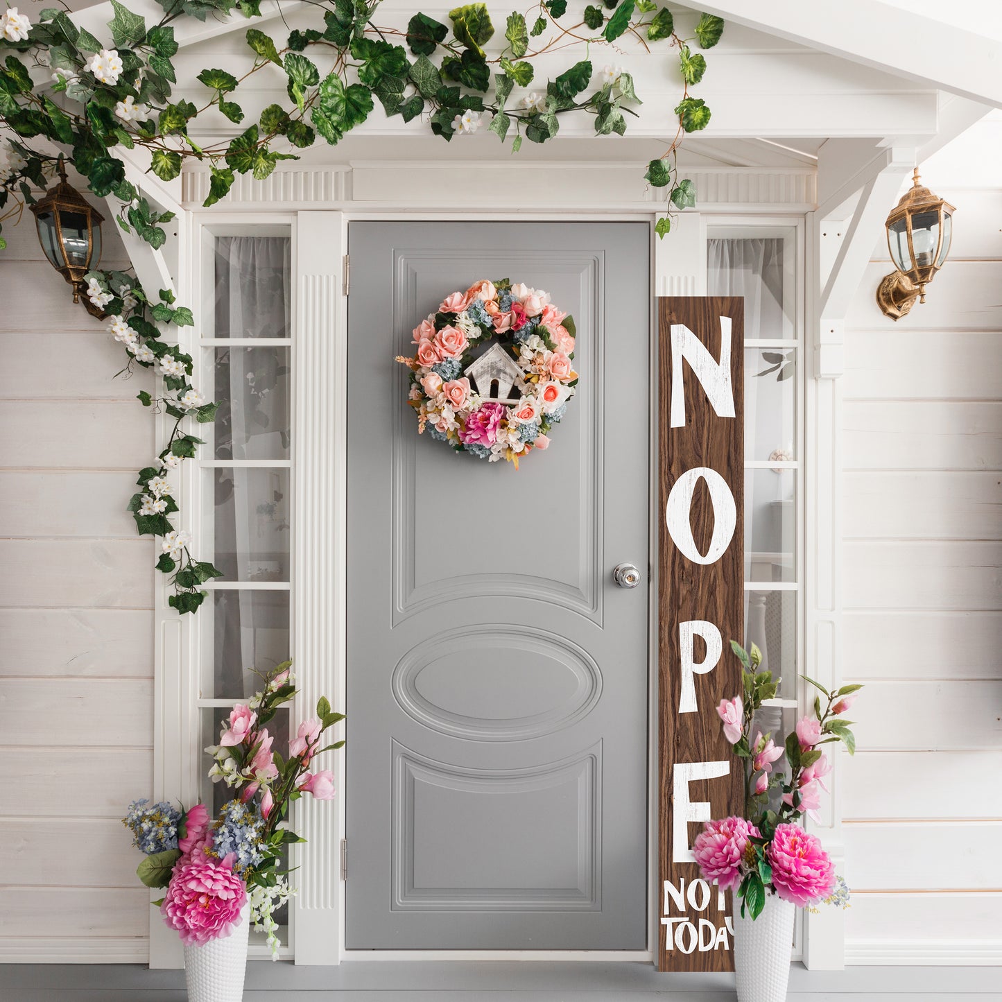 72-Inch Wooden "Nope, Not Today" Porch Sign for Front Door, Brown Standing Porch Sign with Foldable Design