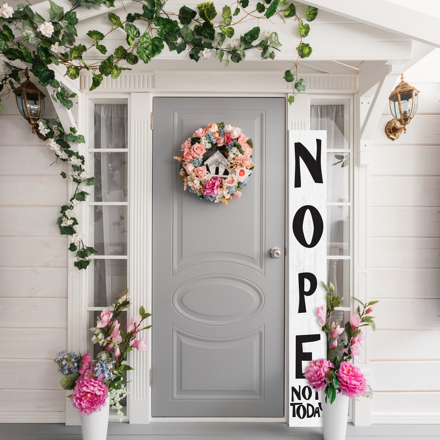 72-Inch Wooden "Nope, Not Today" Porch Sign for Front Door, White Standing Porch Sign with Foldable Design
