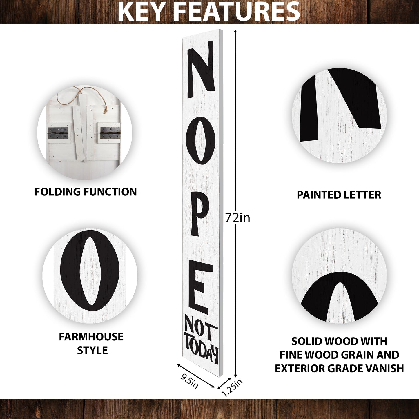 72-Inch Wooden "Nope, Not Today" Porch Sign for Front Door, White Standing Porch Sign with Foldable Design