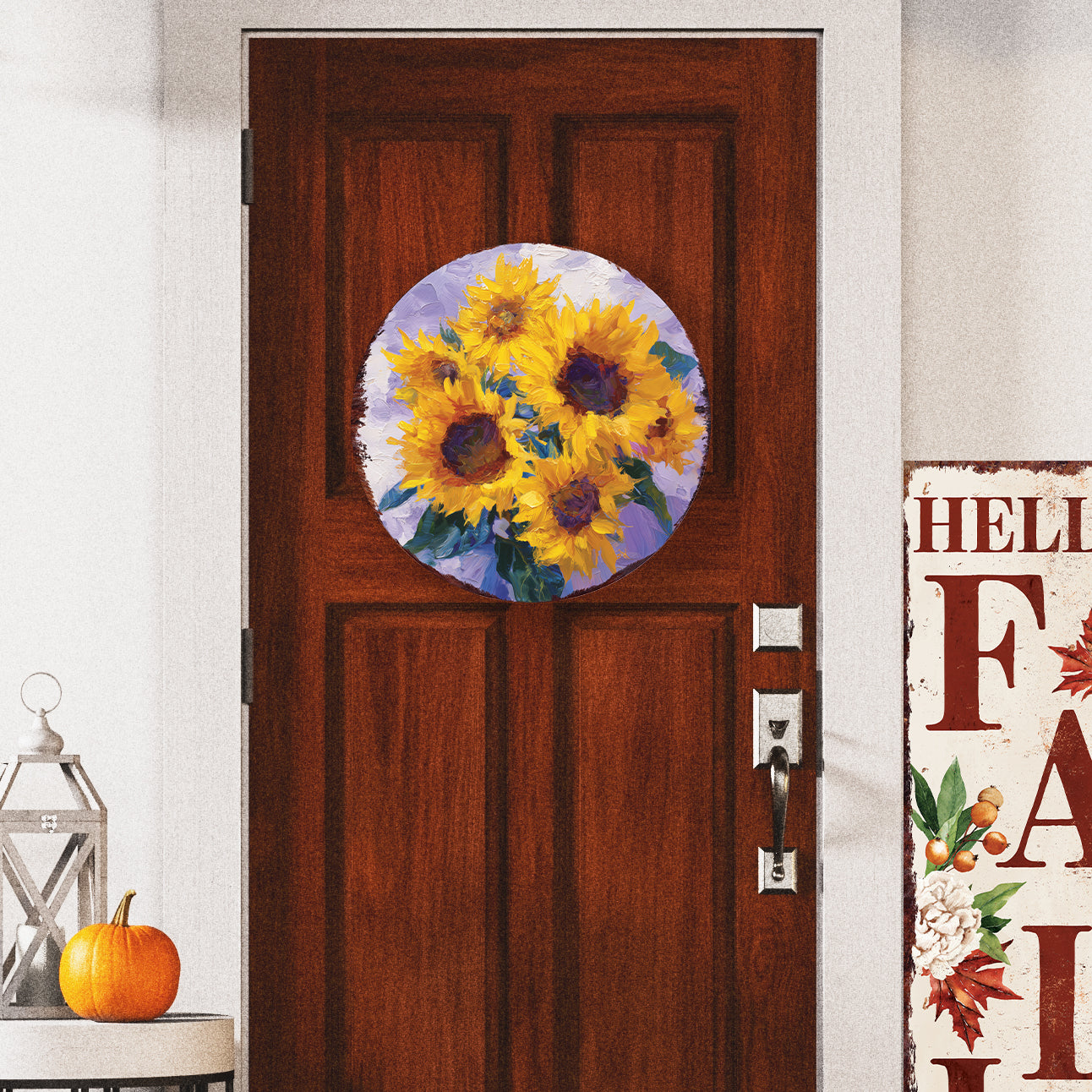 Sunflower Door Hanger – Round Wood Sign, Pastel Oil Paint Style, UV Print for Wall or Front Door, 12–16in