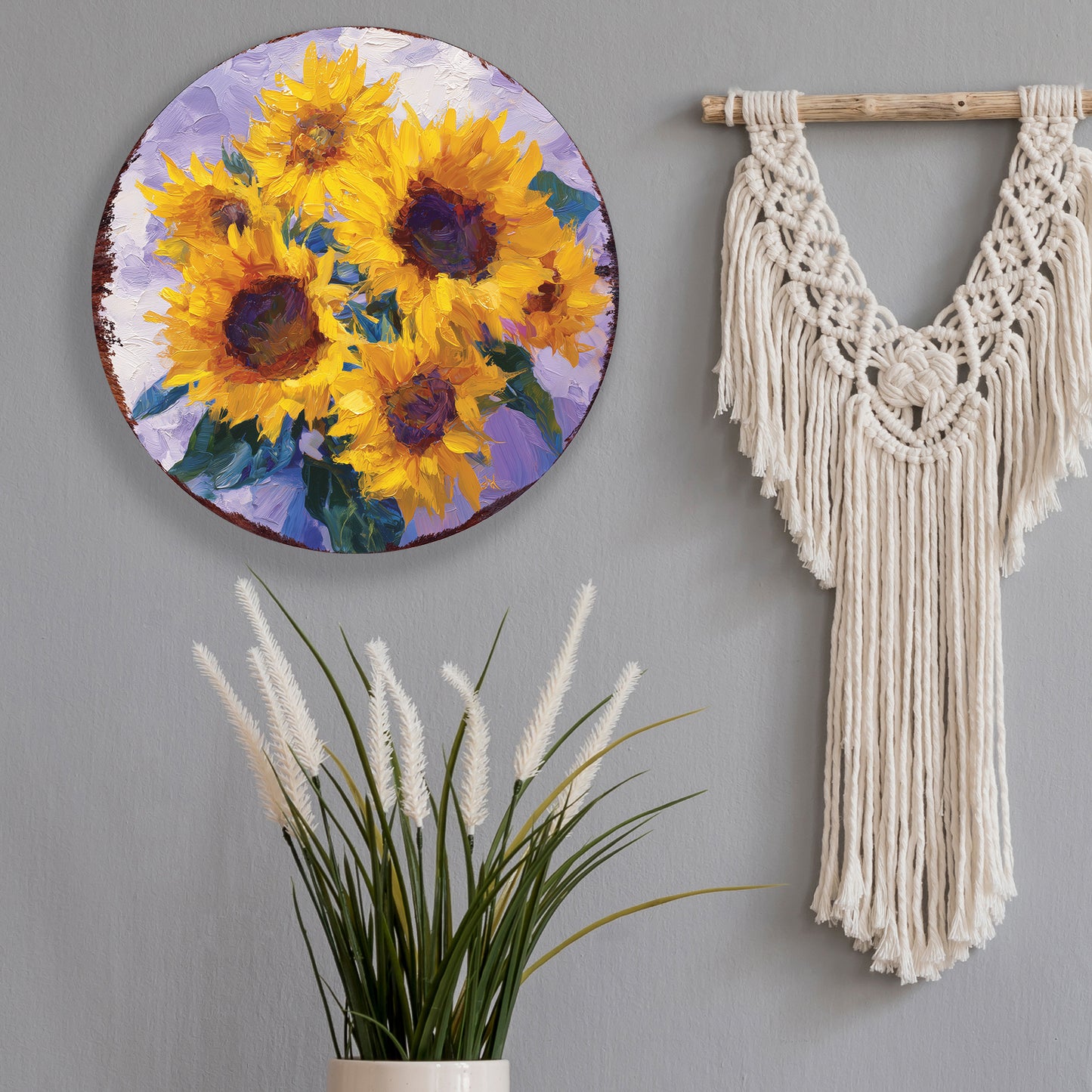 Sunflower Door Hanger – Round Wood Sign, Pastel Oil Paint Style, UV Print for Wall or Front Door, 12–16in