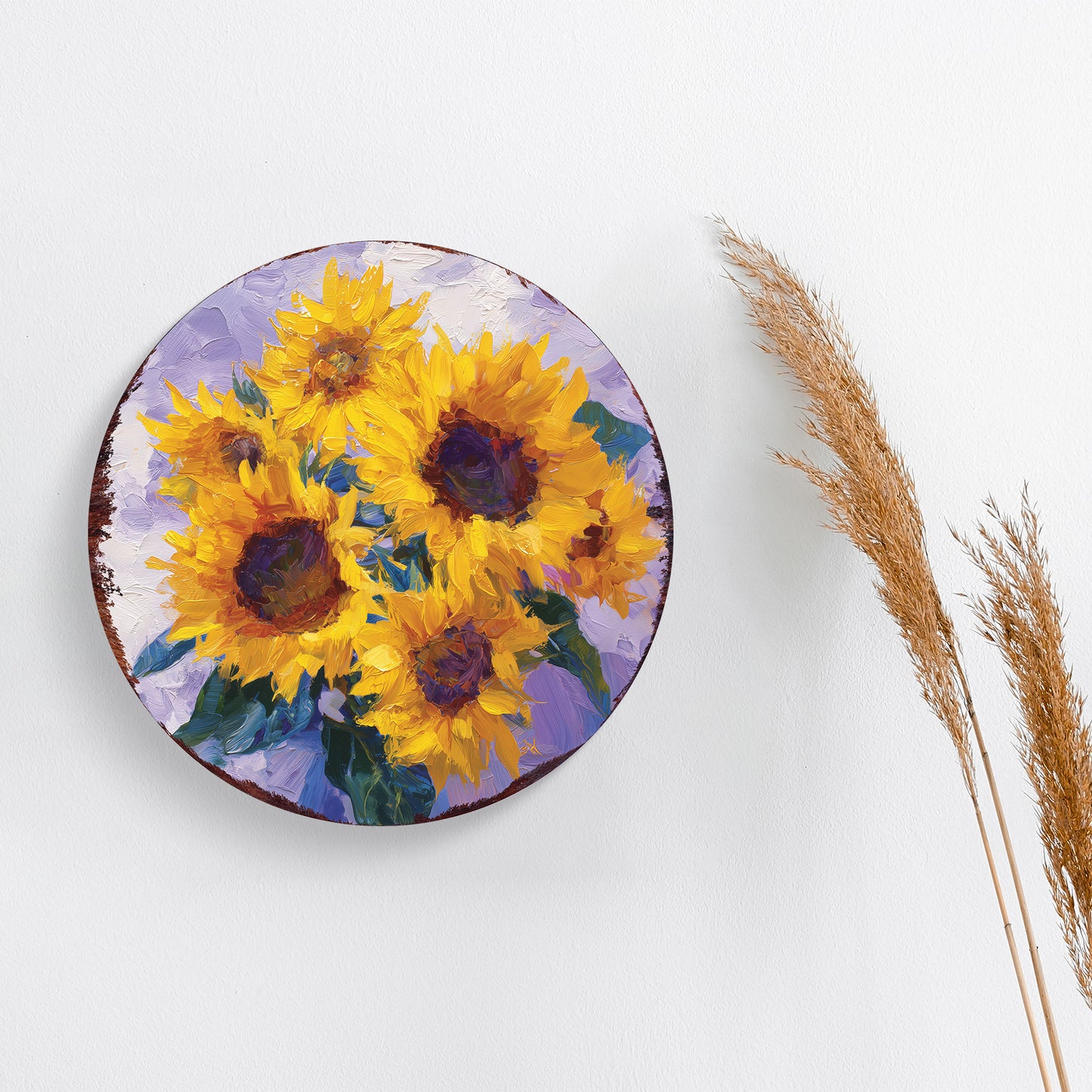 Sunflower Door Hanger – Round Wood Sign, Pastel Oil Paint Style, UV Print for Wall or Front Door, 12–16in