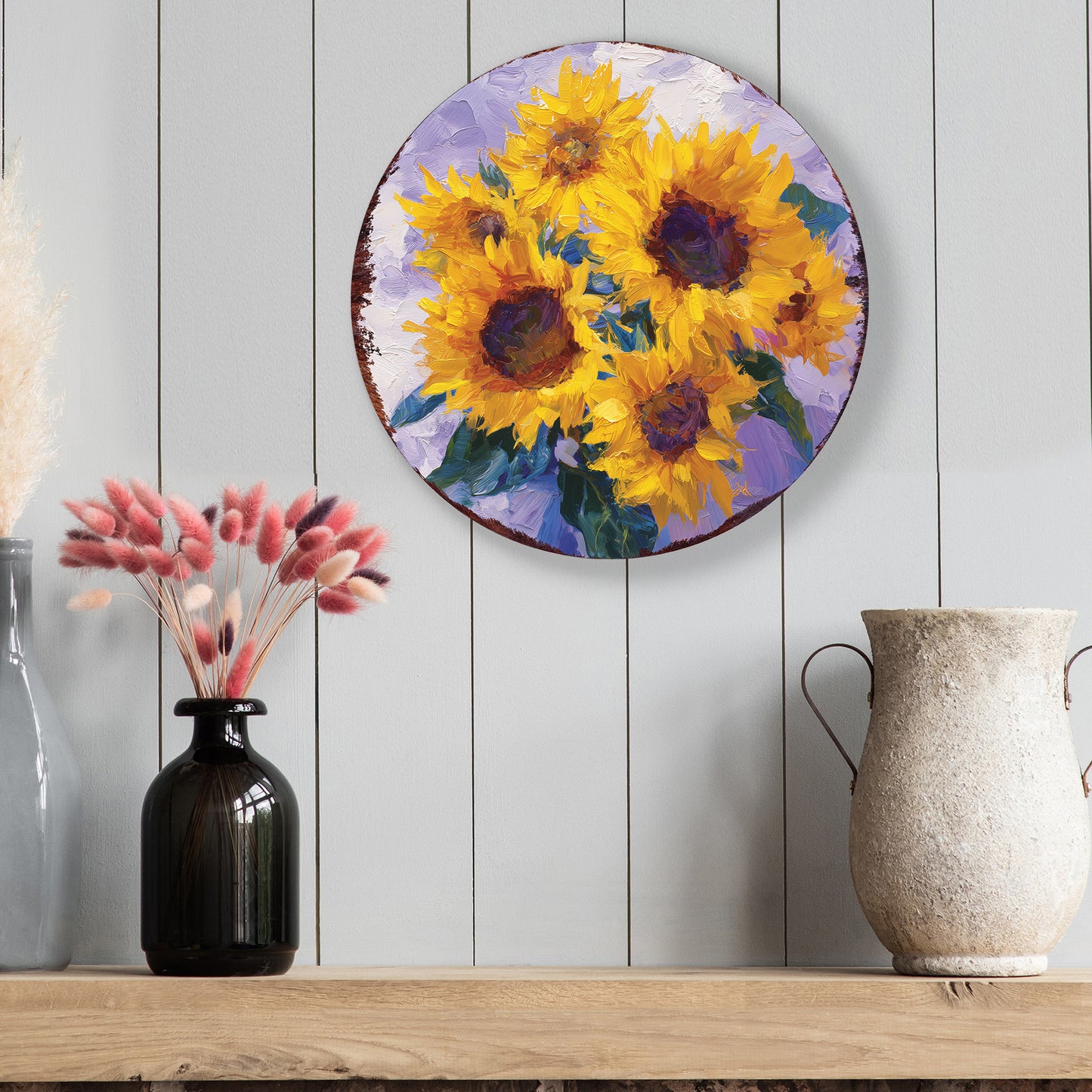 Sunflower Door Hanger – Round Wood Sign, Pastel Oil Paint Style, UV Print for Wall or Front Door, 12–16in