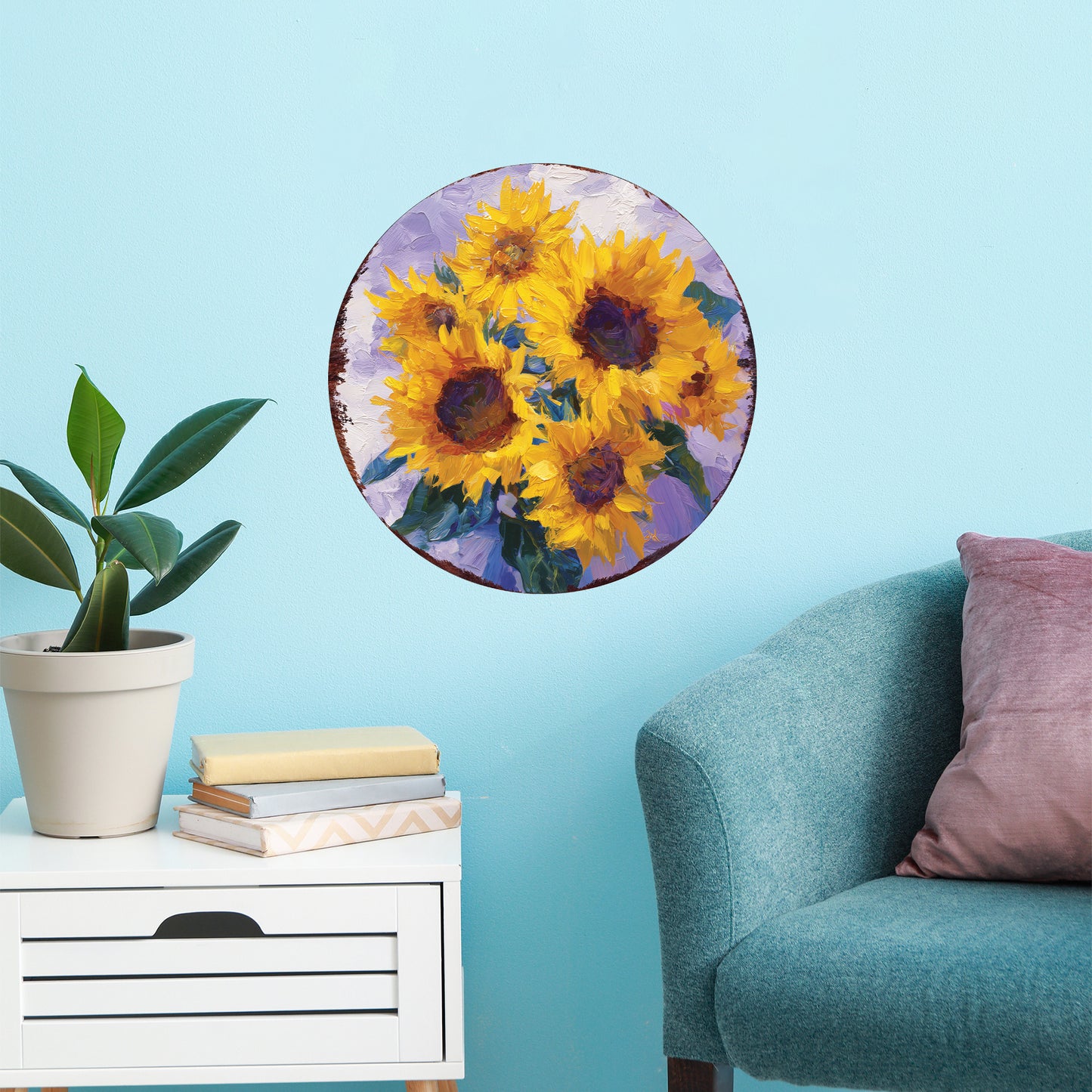 Sunflower Door Hanger – Round Wood Sign, Pastel Oil Paint Style, UV Print for Wall or Front Door, 12–16in