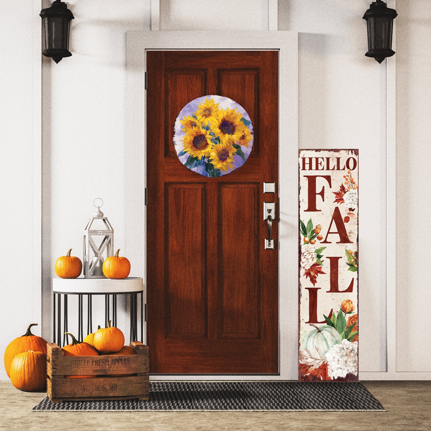 Sunflower Door Hanger – Round Wood Sign, Pastel Oil Paint Style, UV Print for Wall or Front Door, 12–16in