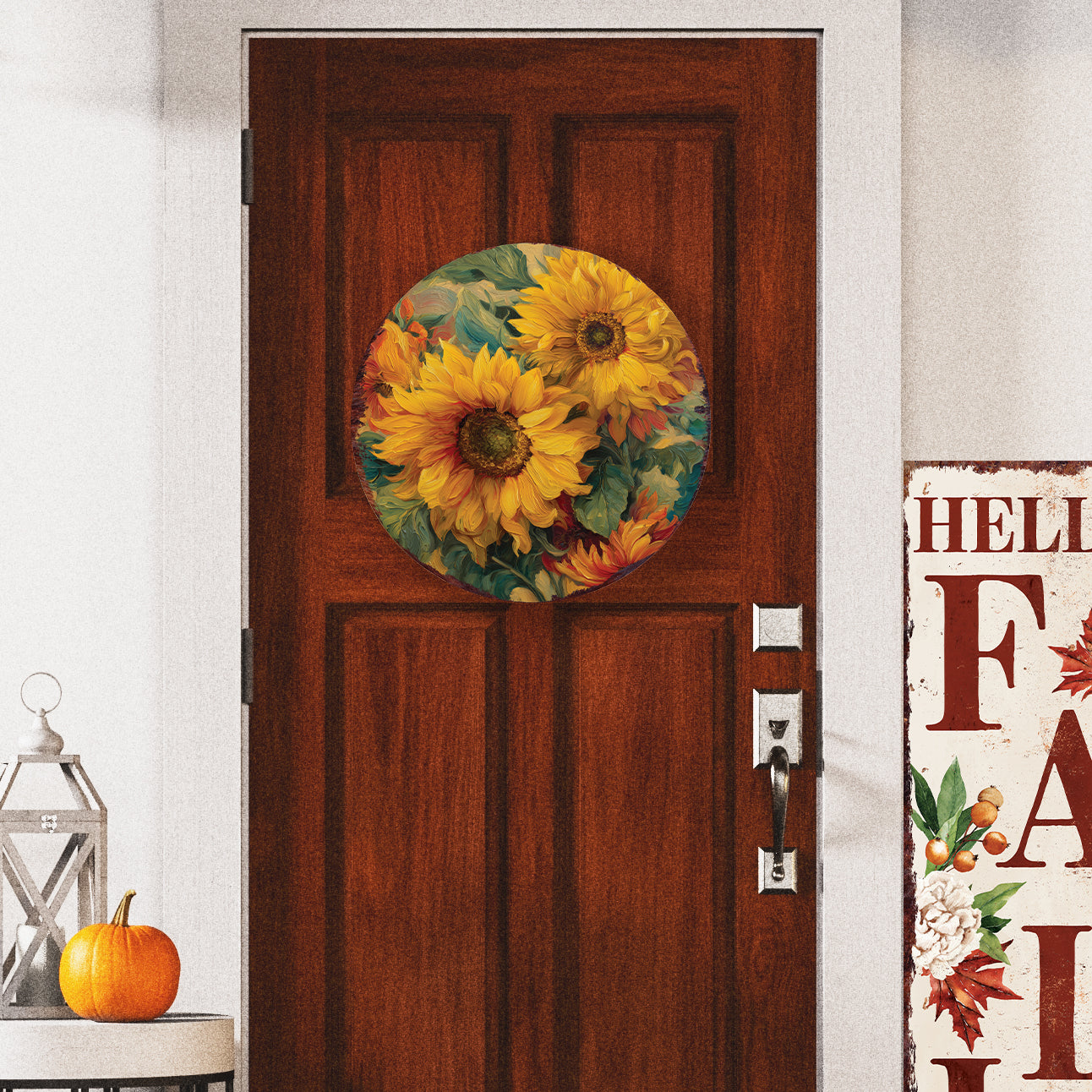 Fall Sunflower Door Hanger – Round Wood Sign, Oil Paint Style UV Print, Rustic Front Door or Wall Decor, 12–16in