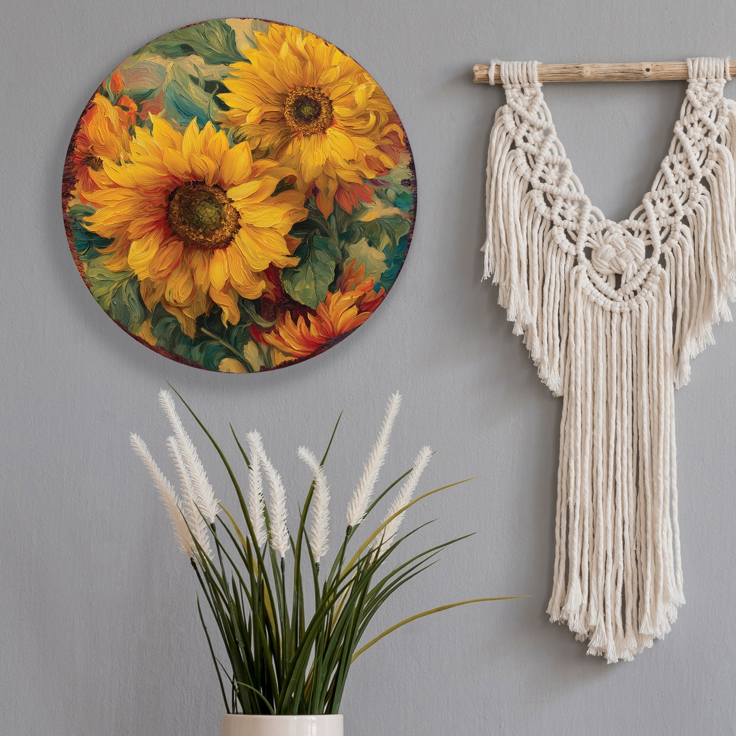 Fall Sunflower Door Hanger – Round Wood Sign, Oil Paint Style UV Print, Rustic Front Door or Wall Decor, 12–16in