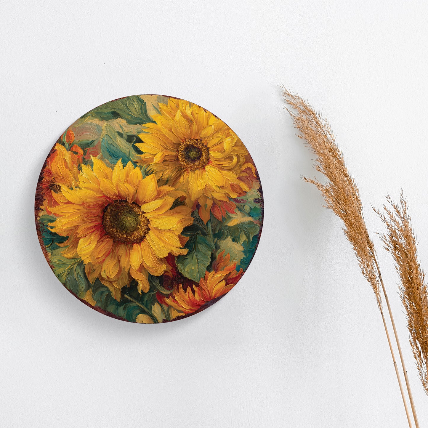 Fall Sunflower Door Hanger – Round Wood Sign, Oil Paint Style UV Print, Rustic Front Door or Wall Decor, 12–16in