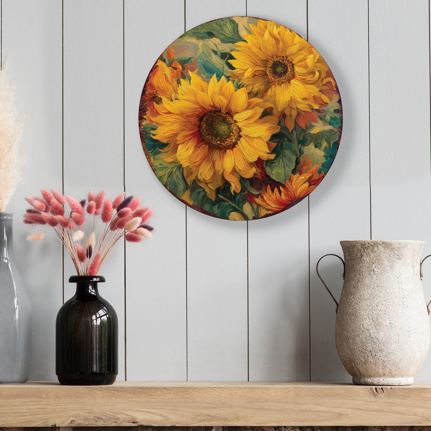 Fall Sunflower Door Hanger – Round Wood Sign, Oil Paint Style UV Print, Rustic Front Door or Wall Decor, 12–16in