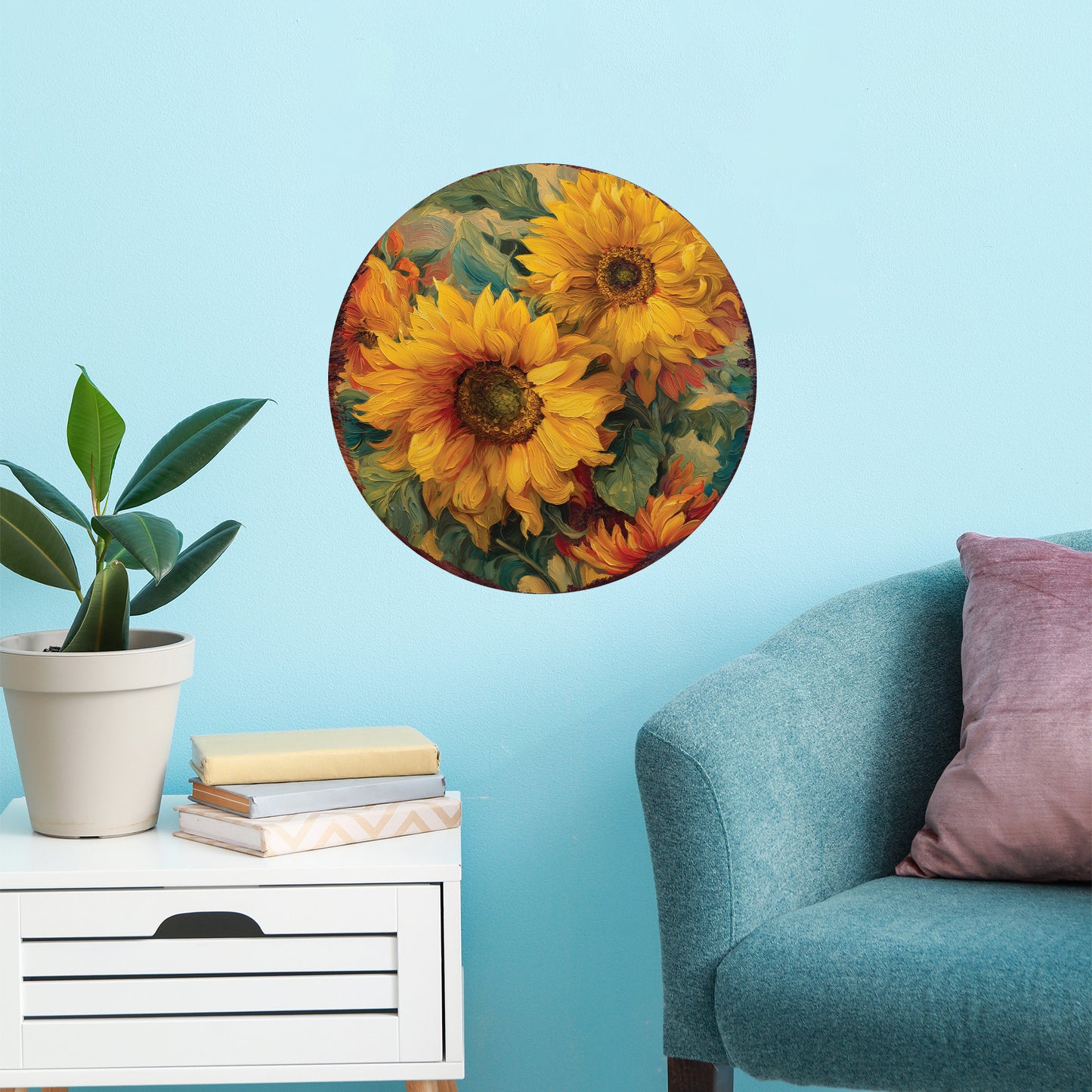 Fall Sunflower Door Hanger – Round Wood Sign, Oil Paint Style UV Print, Rustic Front Door or Wall Decor, 12–16in