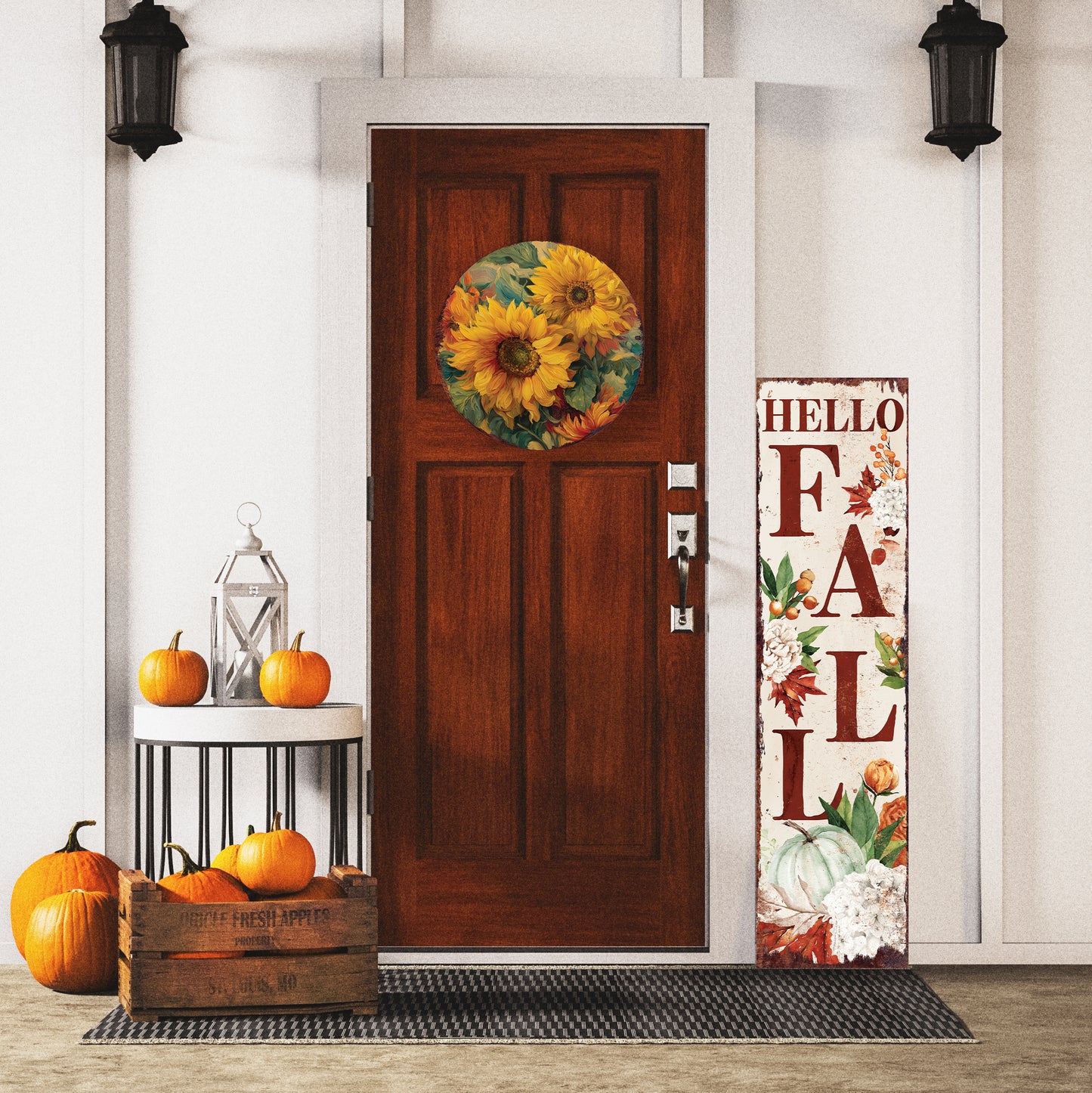 Fall Sunflower Door Hanger – Round Wood Sign, Oil Paint Style UV Print, Rustic Front Door or Wall Decor, 12–16in