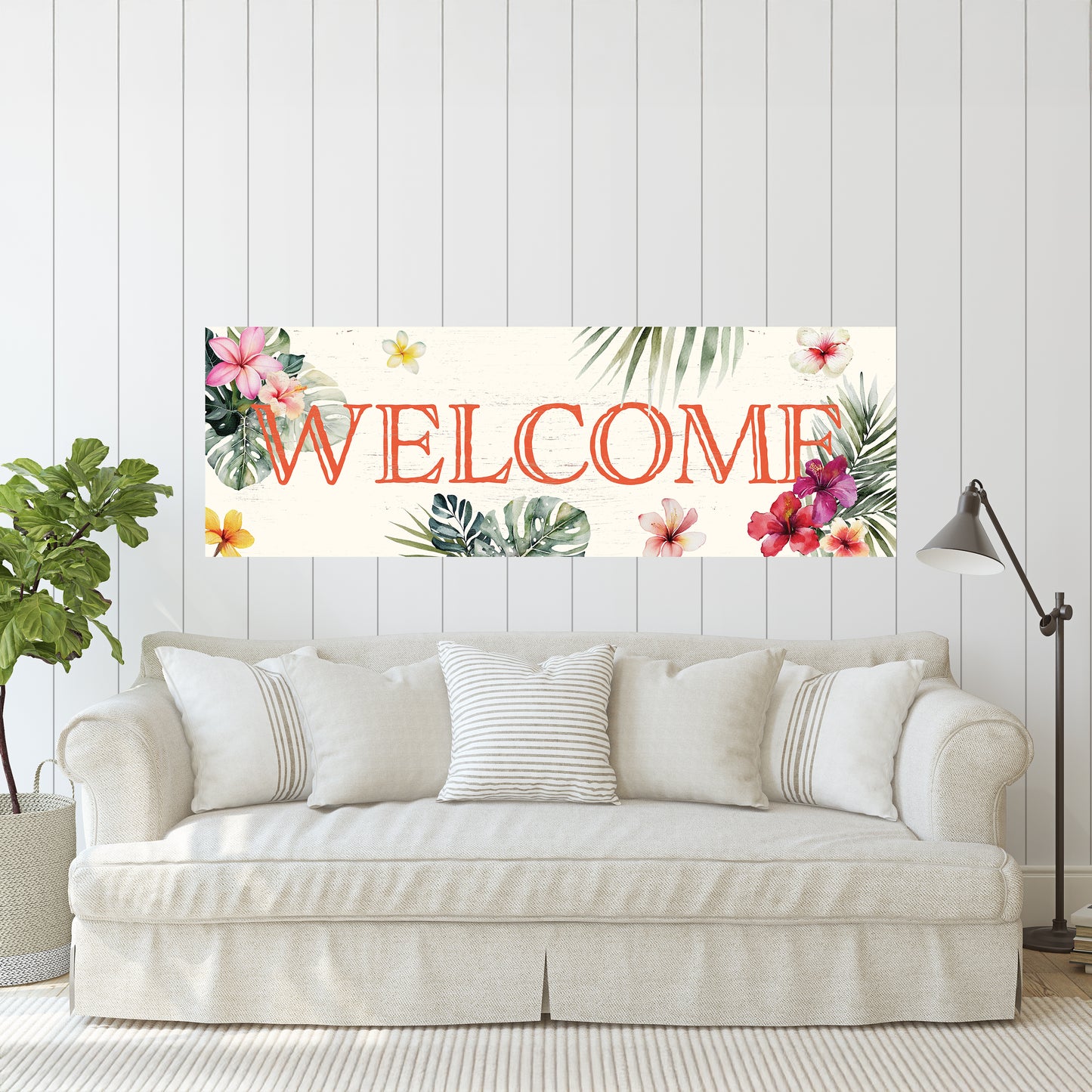 Summer Welcome Wall Art – Rustic Tropical Sign, UV Print on Wood, Farmhouse Beach Decor for Entryway or Living Room, 36–72in