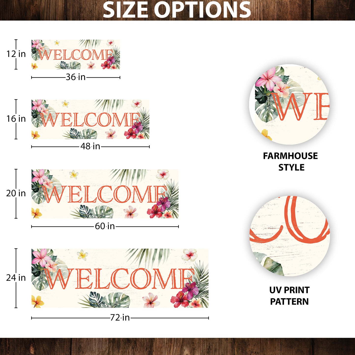 Summer Welcome Wall Art – Rustic Tropical Sign, UV Print on Wood, Farmhouse Beach Decor for Entryway or Living Room, 36–72in