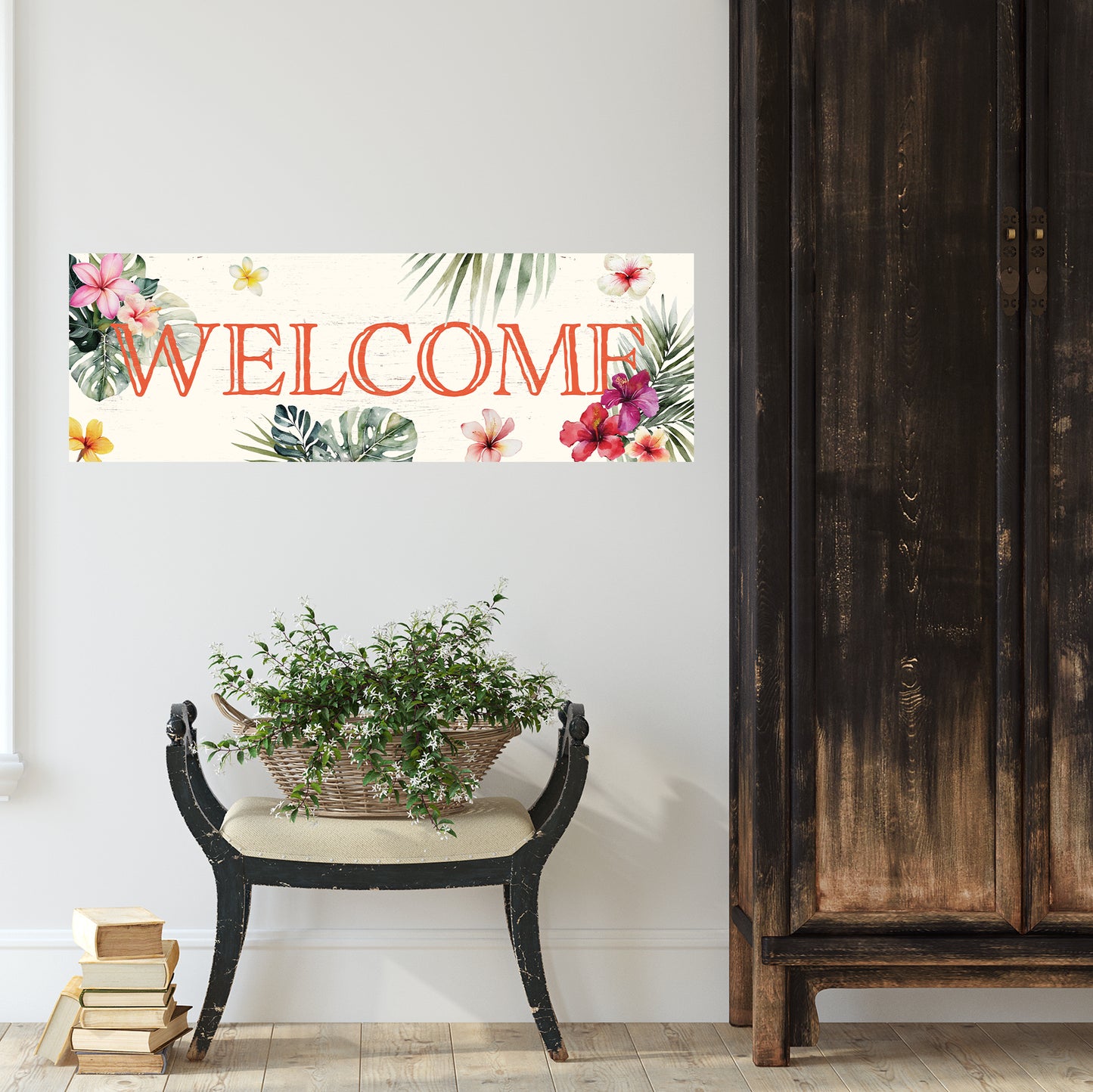Summer Welcome Wall Art – Rustic Tropical Sign, UV Print on Wood, Farmhouse Beach Decor for Entryway or Living Room, 36–72in