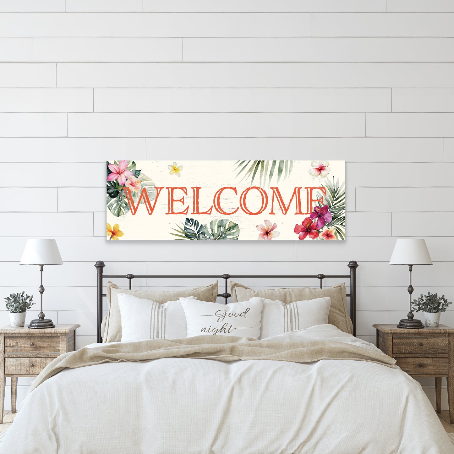 Summer Welcome Wall Art – Rustic Tropical Sign, UV Print on Wood, Farmhouse Beach Decor for Entryway or Living Room, 36–72in