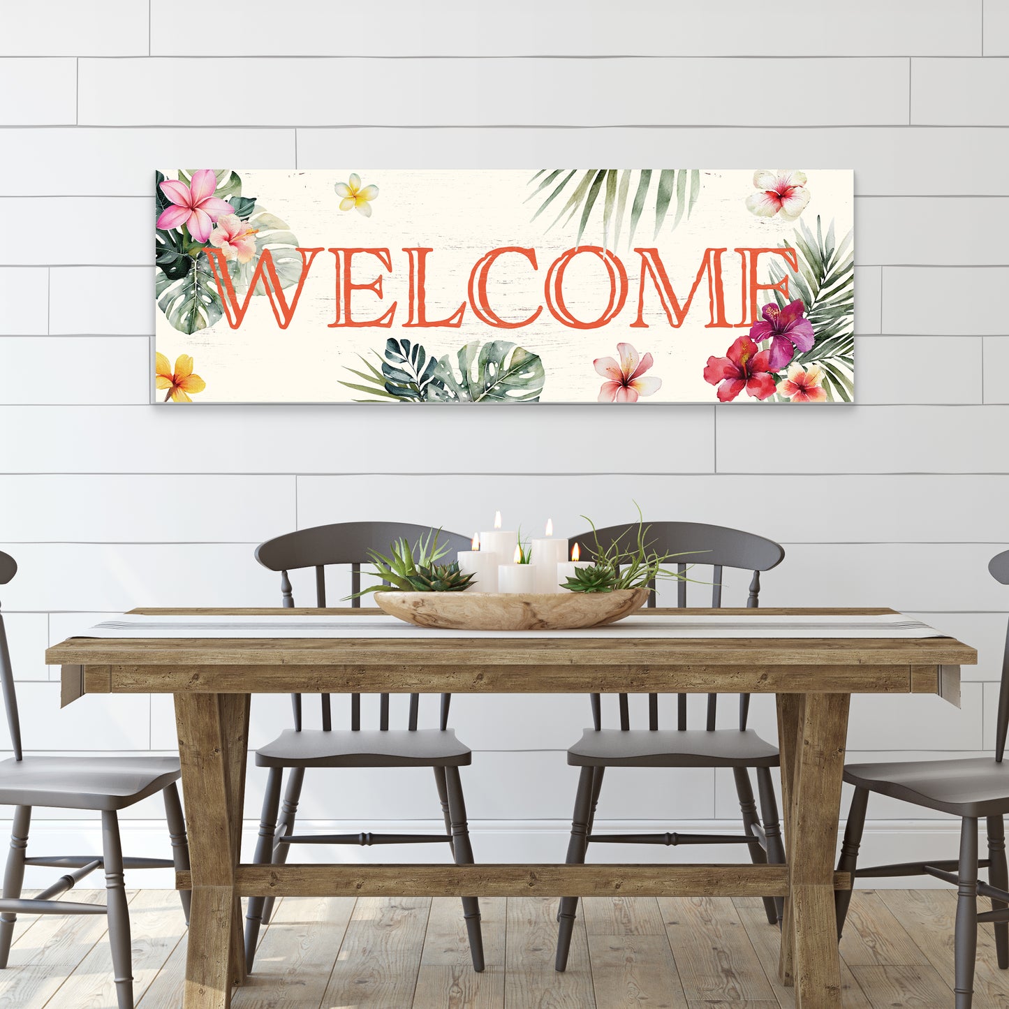 Summer Welcome Wall Art – Rustic Tropical Sign, UV Print on Wood, Farmhouse Beach Decor for Entryway or Living Room, 36–72in