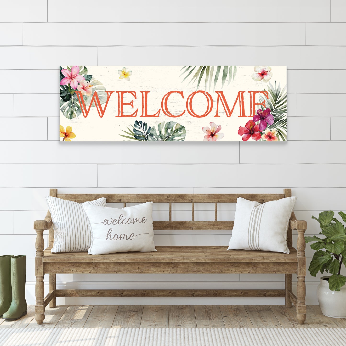 Summer Welcome Wall Art – Rustic Tropical Sign, UV Print on Wood, Farmhouse Beach Decor for Entryway or Living Room, 36–72in