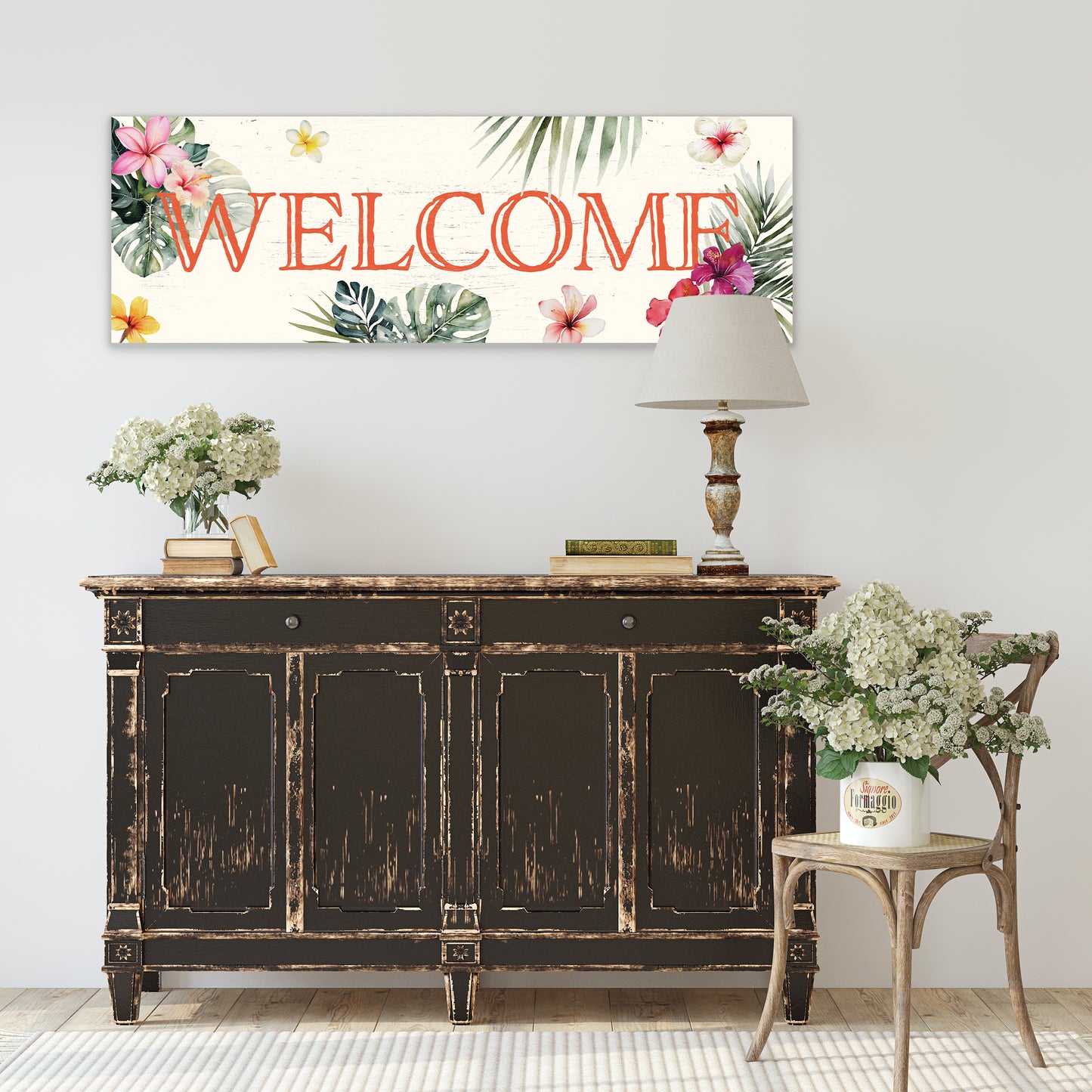 Summer Welcome Wall Art – Rustic Tropical Sign, UV Print on Wood, Farmhouse Beach Decor for Entryway or Living Room, 36–72in