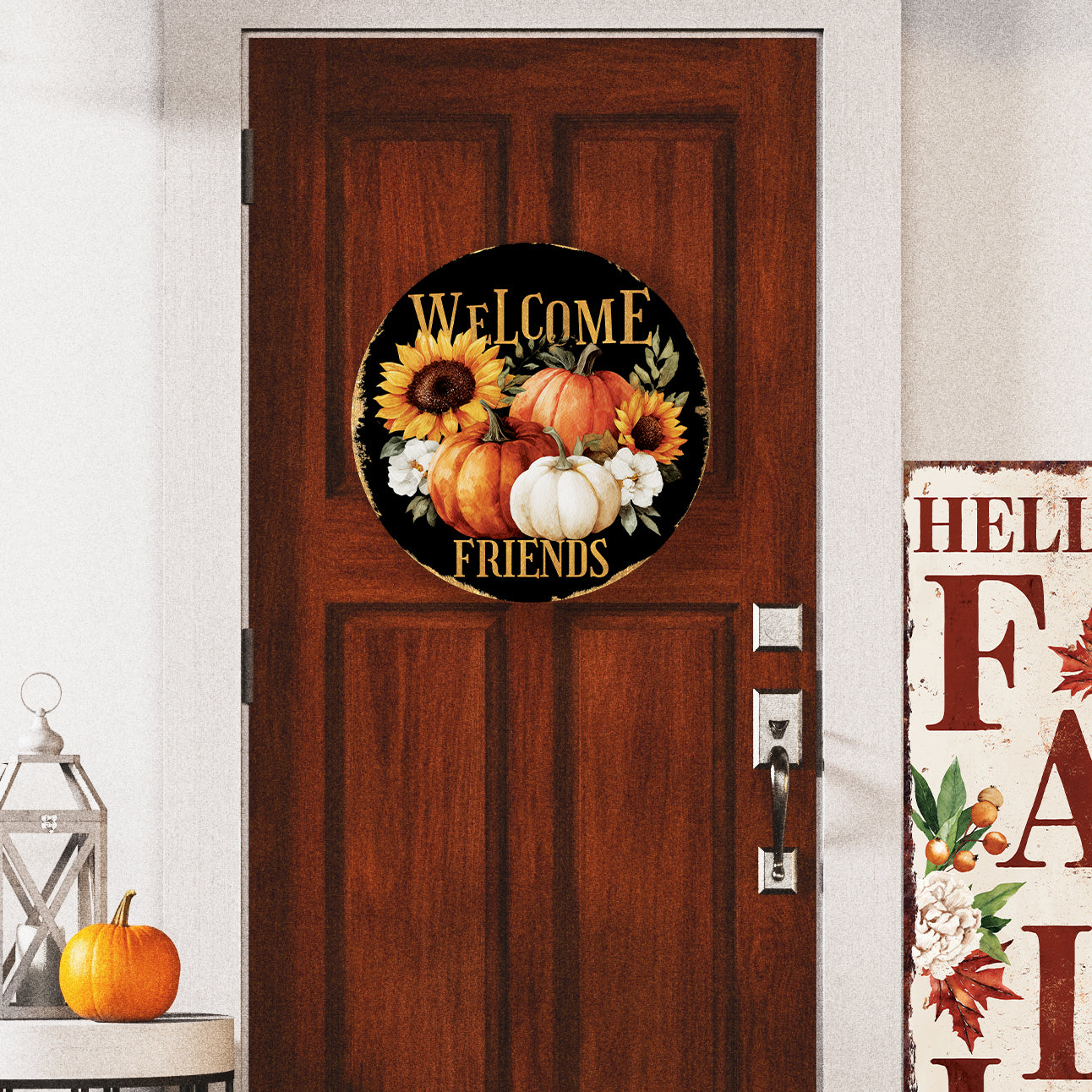 Welcome Friends Fall Door Hanger – Round Wood Sign with Pumpkins & Sunflowers, UV Print, Front Door Decor 12–16in