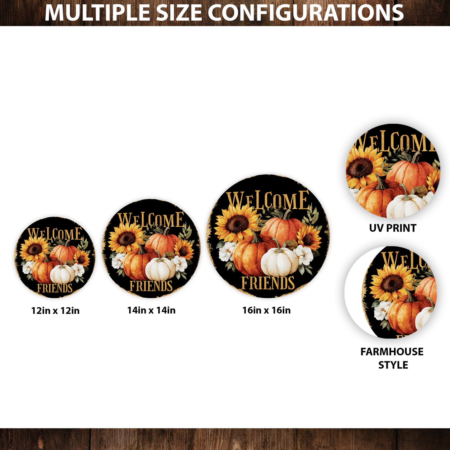 Welcome Friends Fall Door Hanger – Round Wood Sign with Pumpkins & Sunflowers, UV Print, Front Door Decor 12–16in