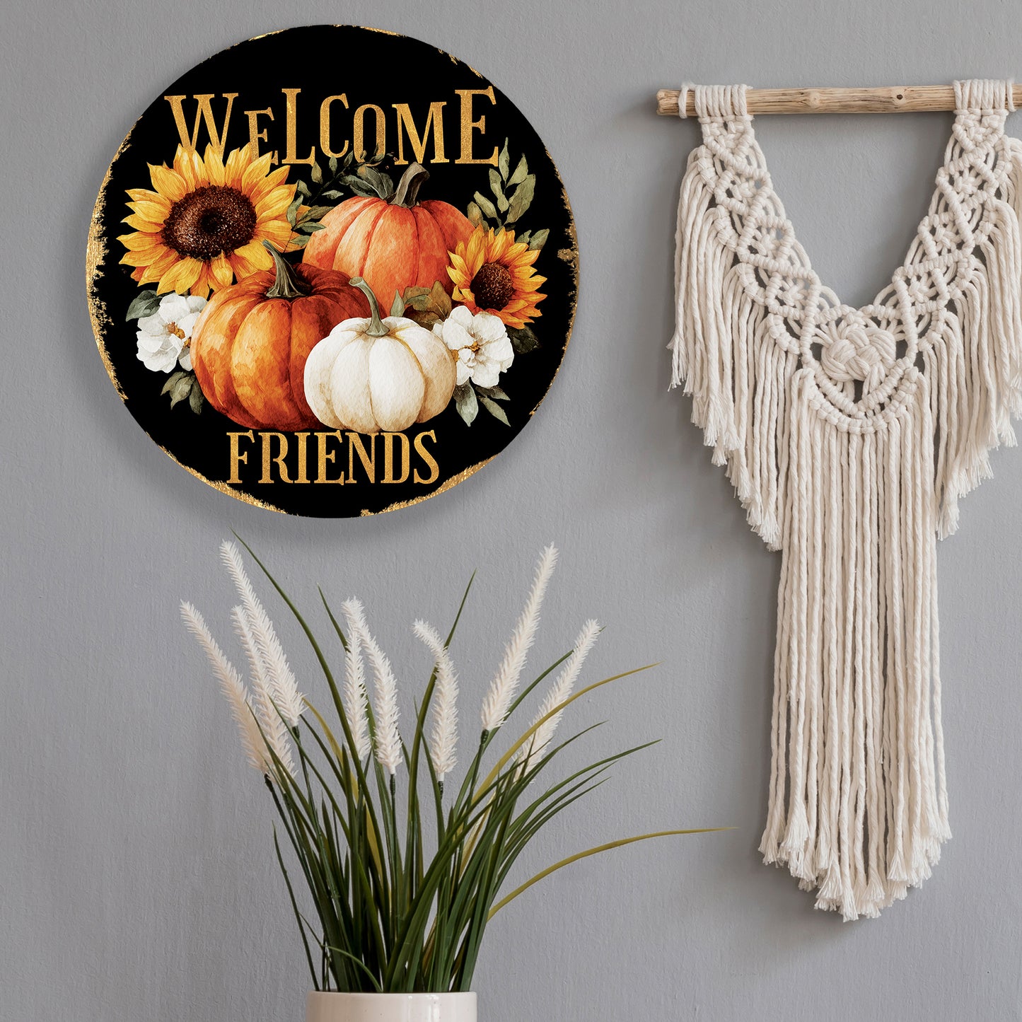 Welcome Friends Fall Door Hanger – Round Wood Sign with Pumpkins & Sunflowers, UV Print, Front Door Decor 12–16in