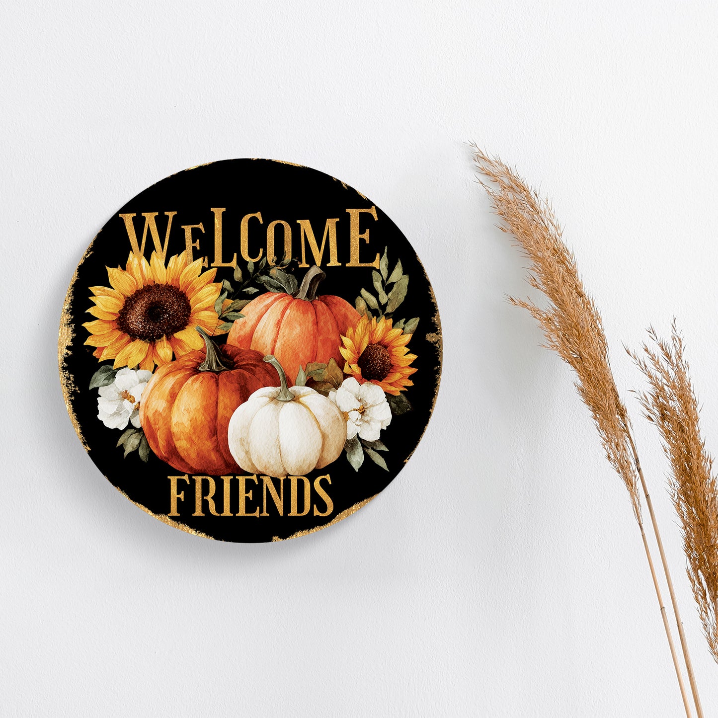 Welcome Friends Fall Door Hanger – Round Wood Sign with Pumpkins & Sunflowers, UV Print, Front Door Decor 12–16in