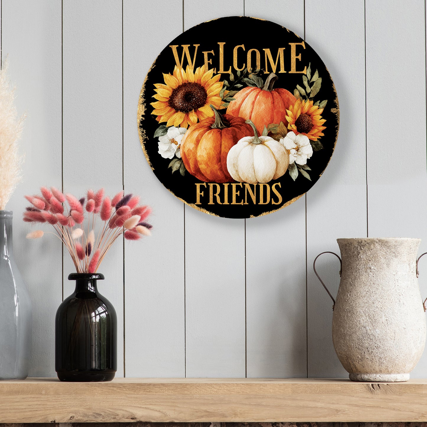 Welcome Friends Fall Door Hanger – Round Wood Sign with Pumpkins & Sunflowers, UV Print, Front Door Decor 12–16in