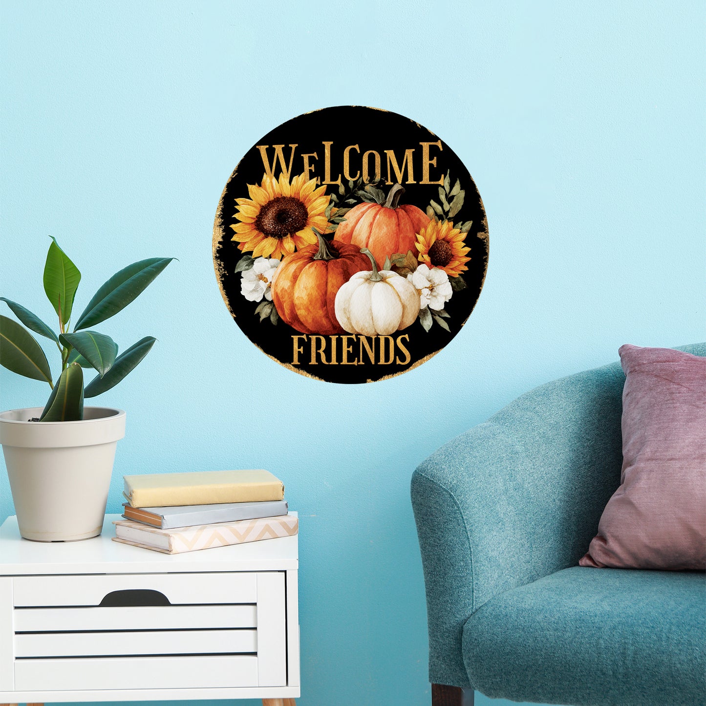 Welcome Friends Fall Door Hanger – Round Wood Sign with Pumpkins & Sunflowers, UV Print, Front Door Decor 12–16in