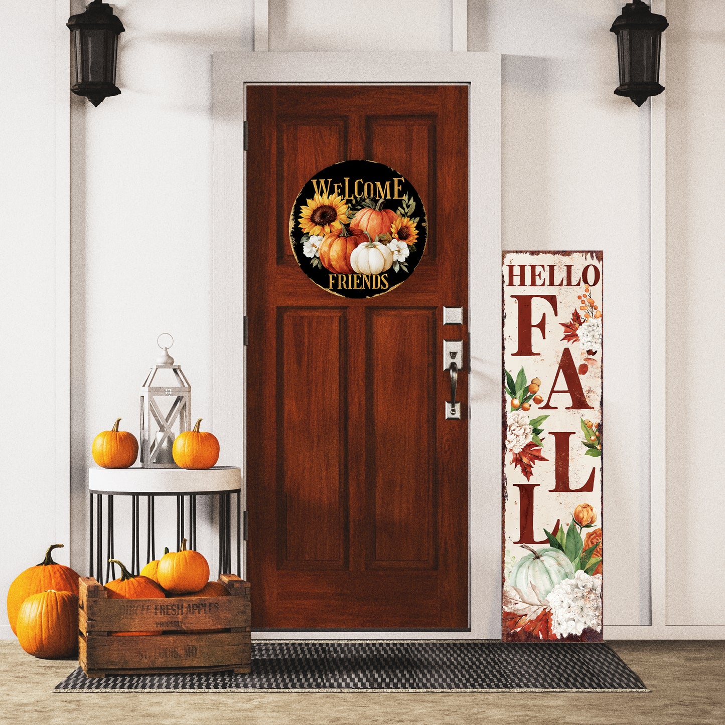 Welcome Friends Fall Door Hanger – Round Wood Sign with Pumpkins & Sunflowers, UV Print, Front Door Decor 12–16in