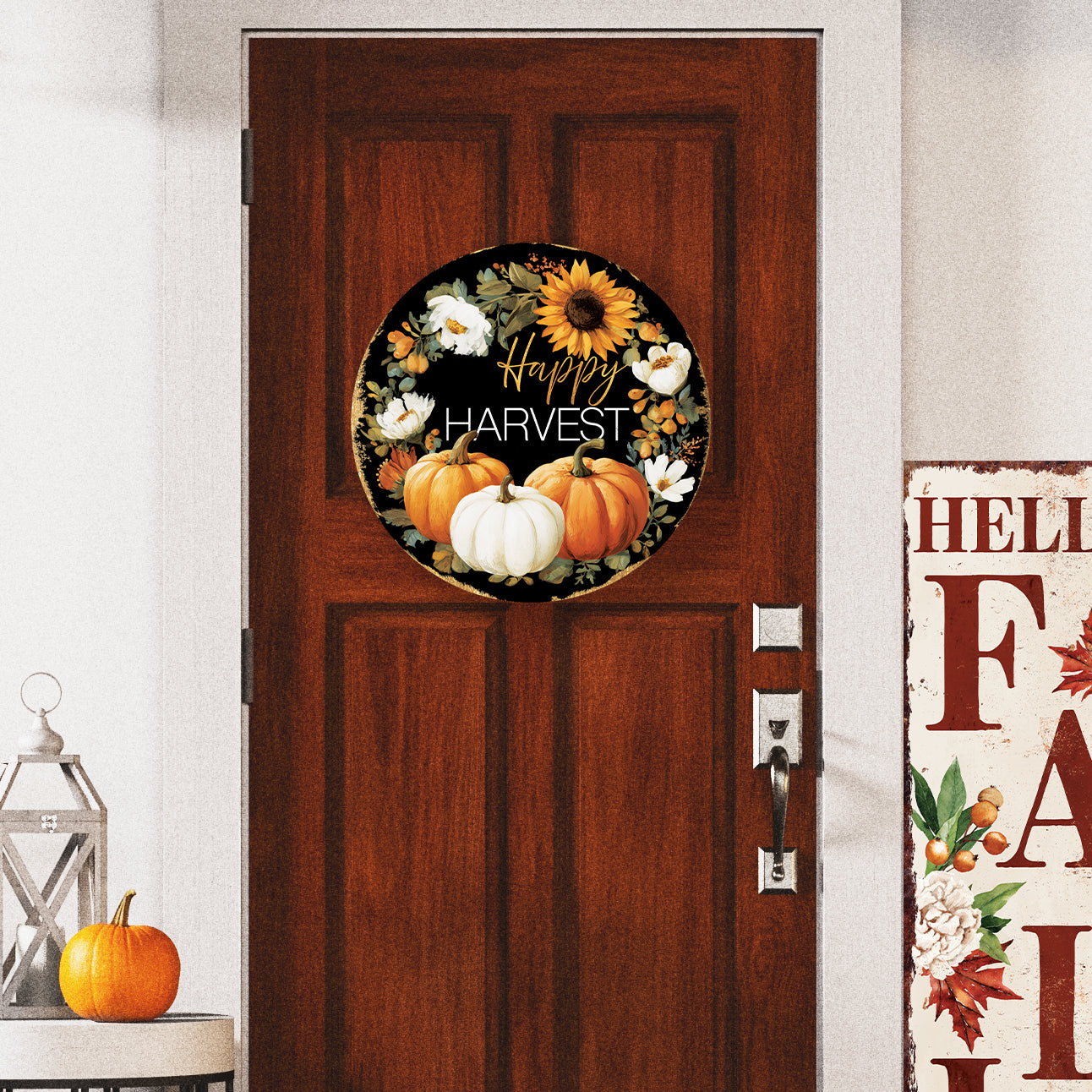 Happy Harvest Door Hanger – Round Wood Sign with Pumpkins & Sunflowers, UV Print for Front Door or Wall Decor, 12–16in