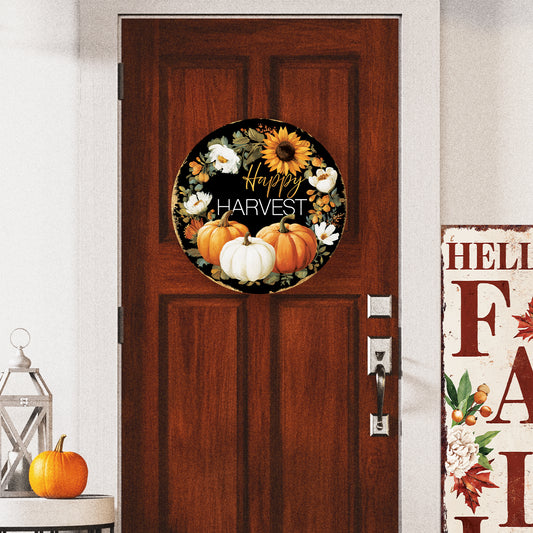 Happy Harvest Door Hanger – Round Wood Sign with Pumpkins & Sunflowers, UV Print for Front Door or Wall Decor, 12–16in