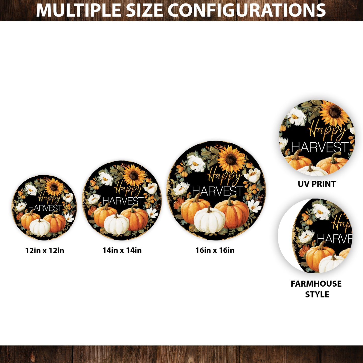 Happy Harvest Door Hanger – Round Wood Sign with Pumpkins & Sunflowers, UV Print for Front Door or Wall Decor, 12–16in