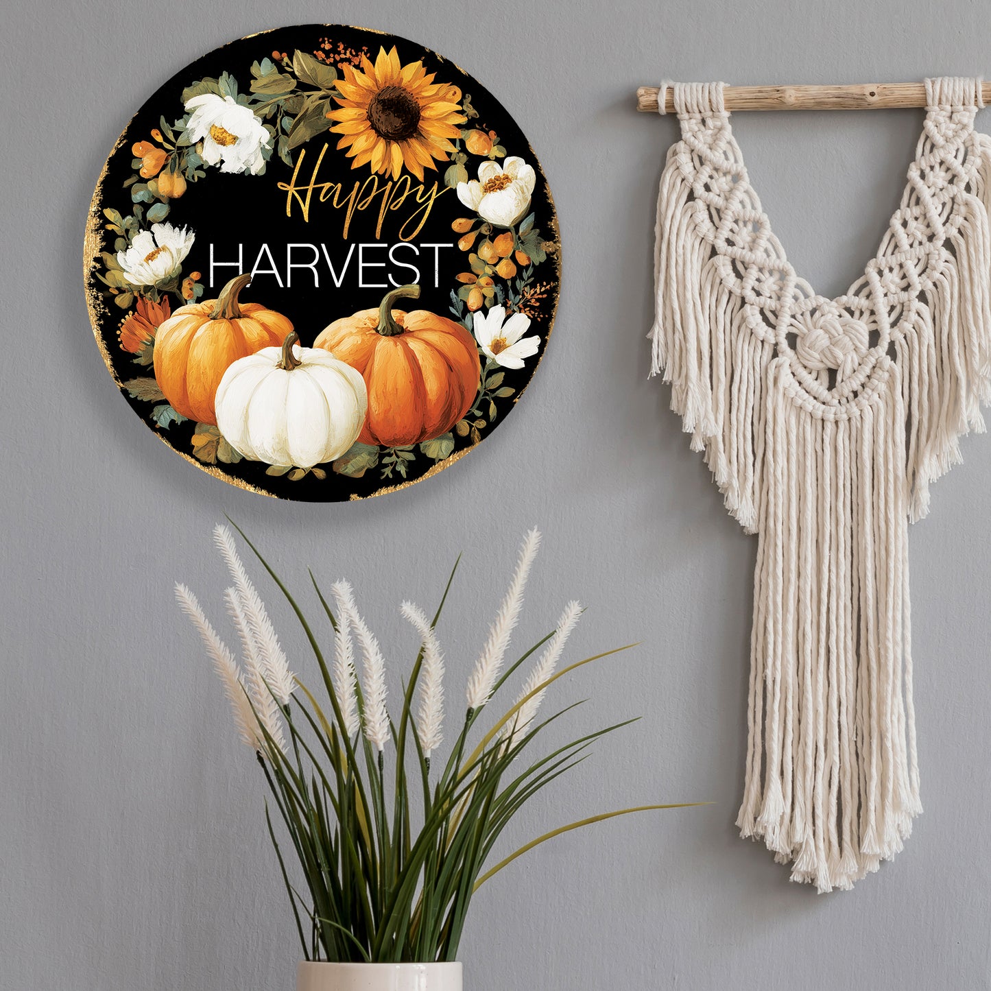 Happy Harvest Door Hanger – Round Wood Sign with Pumpkins & Sunflowers, UV Print for Front Door or Wall Decor, 12–16in