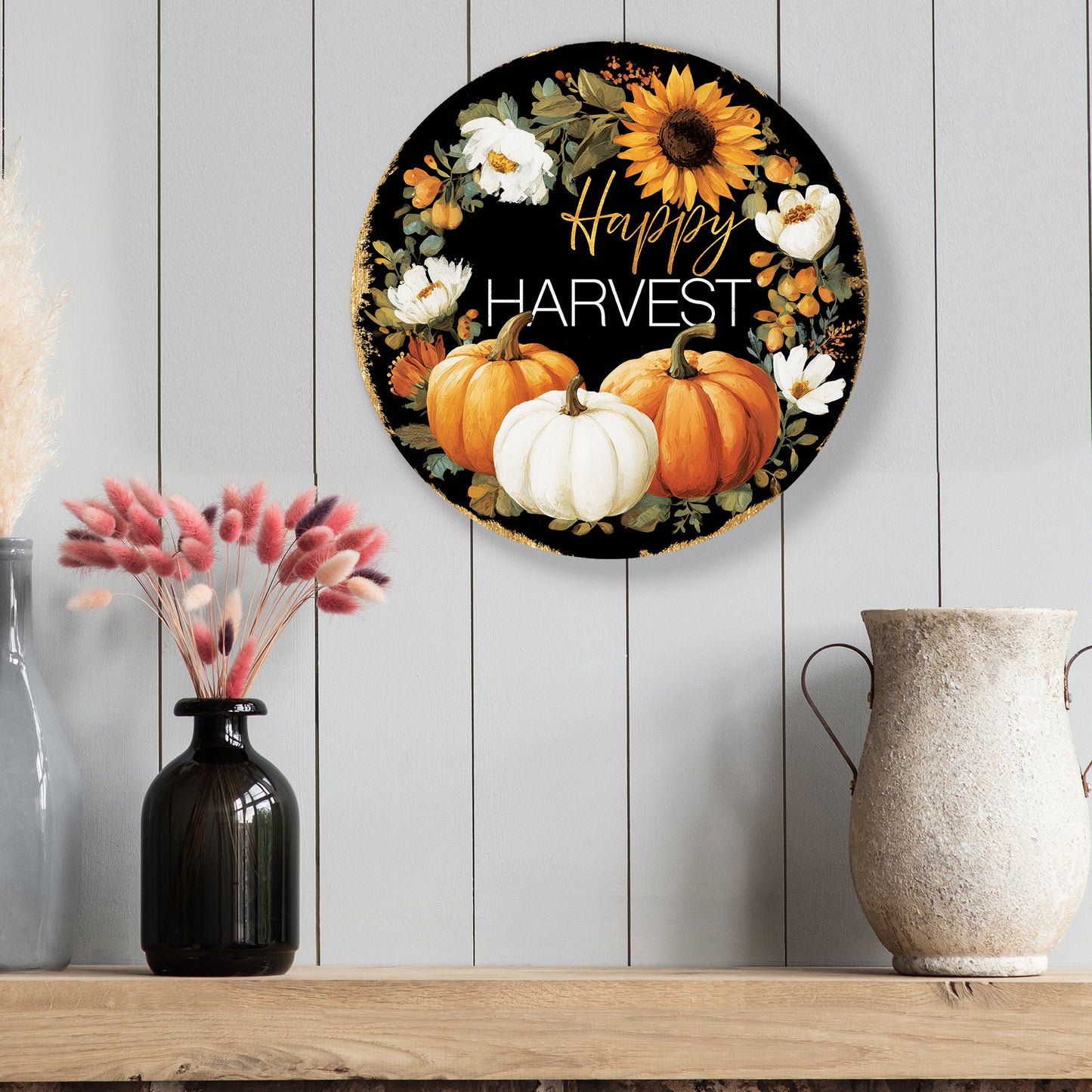 Happy Harvest Door Hanger – Round Wood Sign with Pumpkins & Sunflowers, UV Print for Front Door or Wall Decor, 12–16in