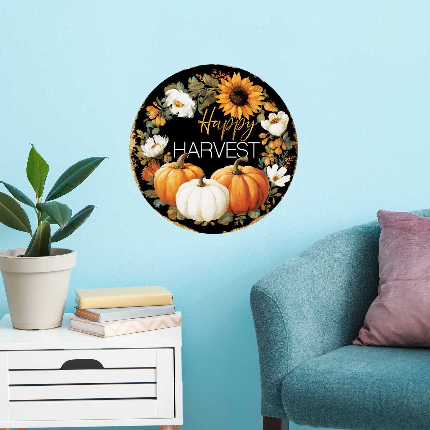 Happy Harvest Door Hanger – Round Wood Sign with Pumpkins & Sunflowers, UV Print for Front Door or Wall Decor, 12–16in
