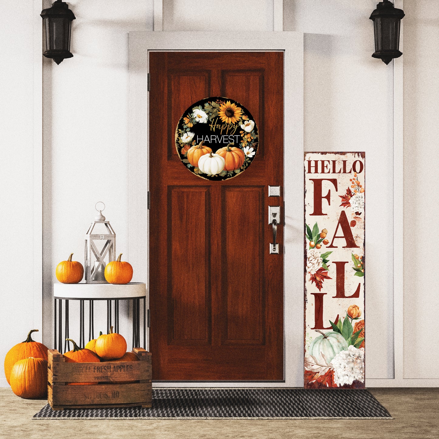 Happy Harvest Door Hanger – Round Wood Sign with Pumpkins & Sunflowers, UV Print for Front Door or Wall Decor, 12–16in