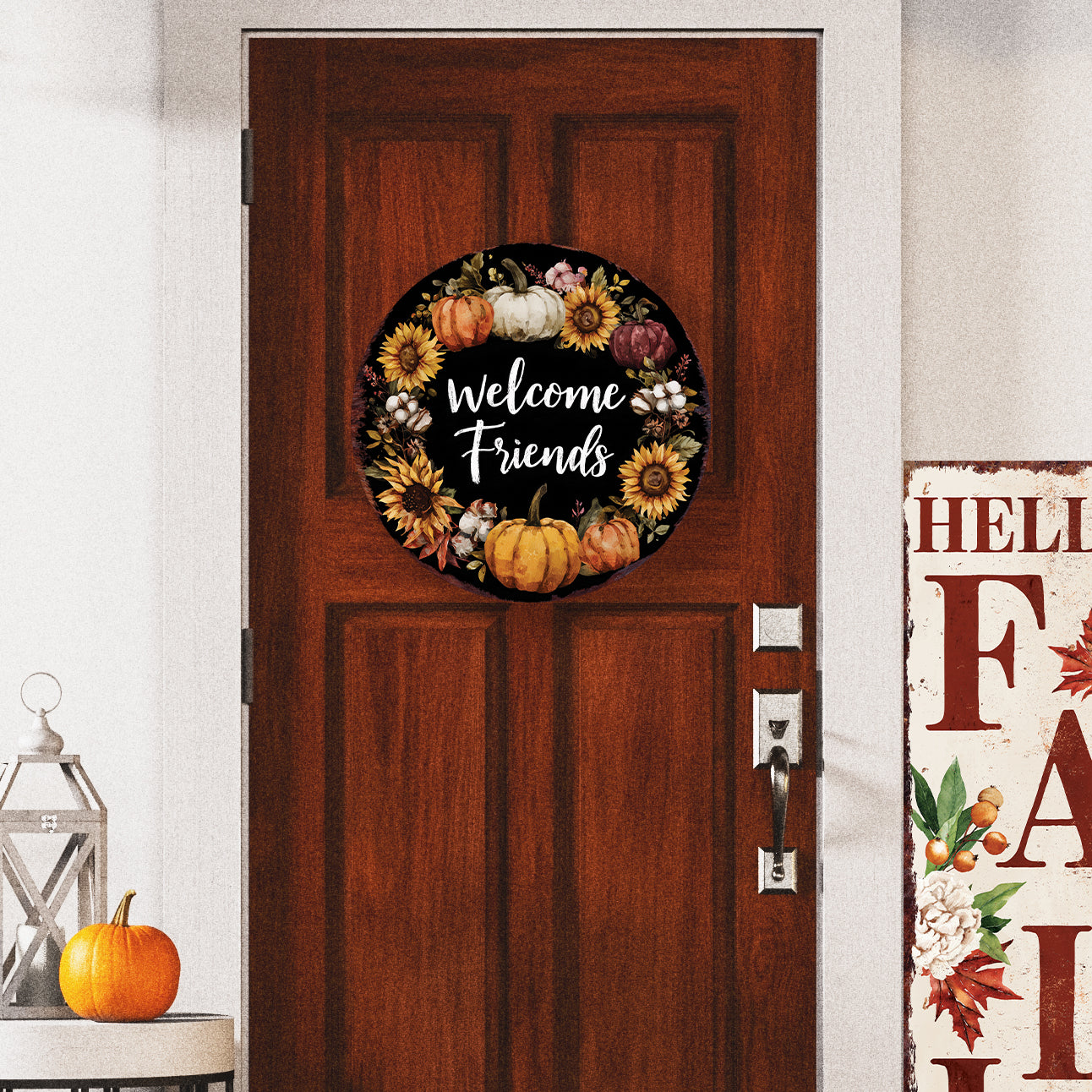 Welcome Friends Fall Door Hanger – UV Print Round Wood Sign with Pumpkin Wreath, Front Porch or Wall Decor, 12–16in