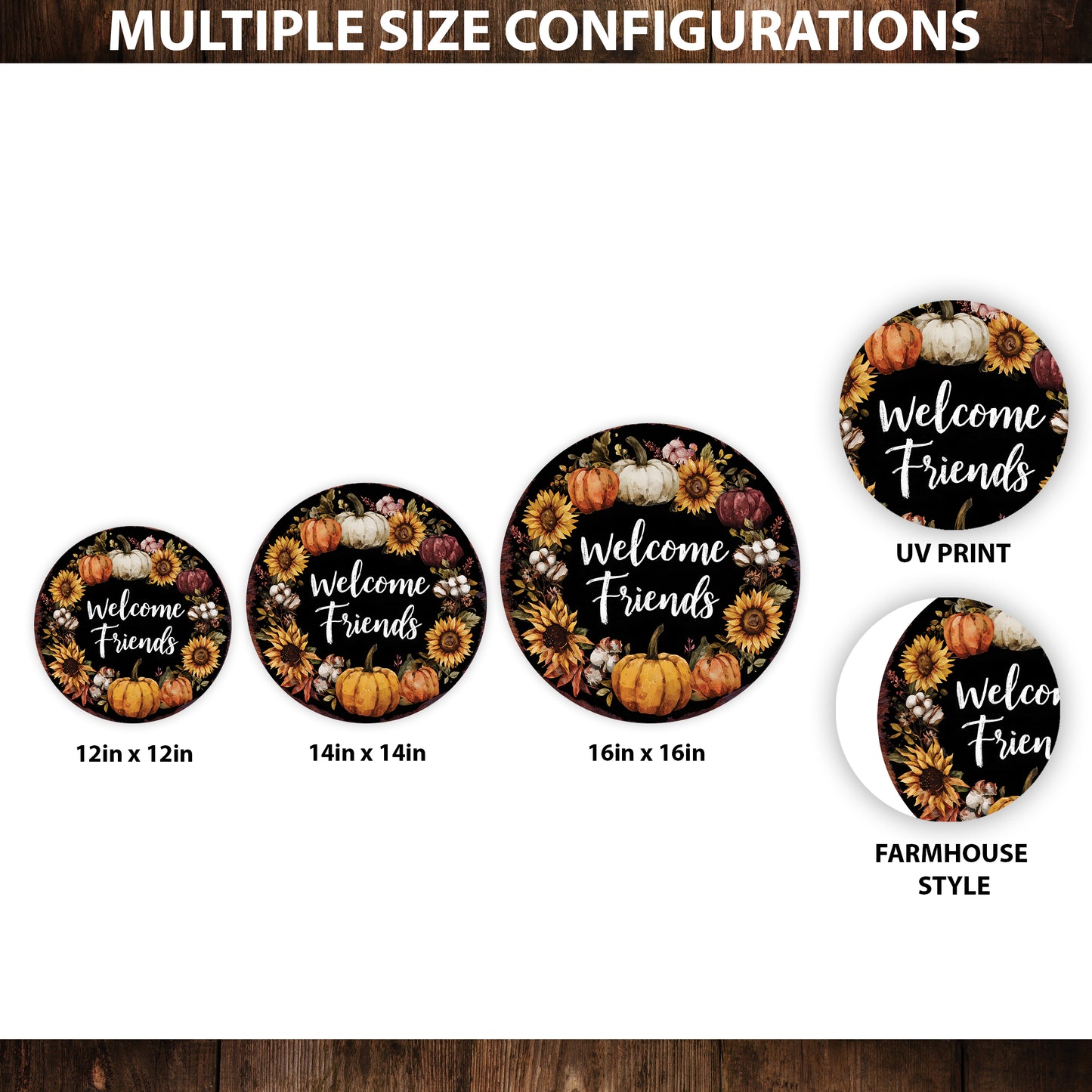 Welcome Friends Fall Door Hanger – UV Print Round Wood Sign with Pumpkin Wreath, Front Porch or Wall Decor, 12–16in