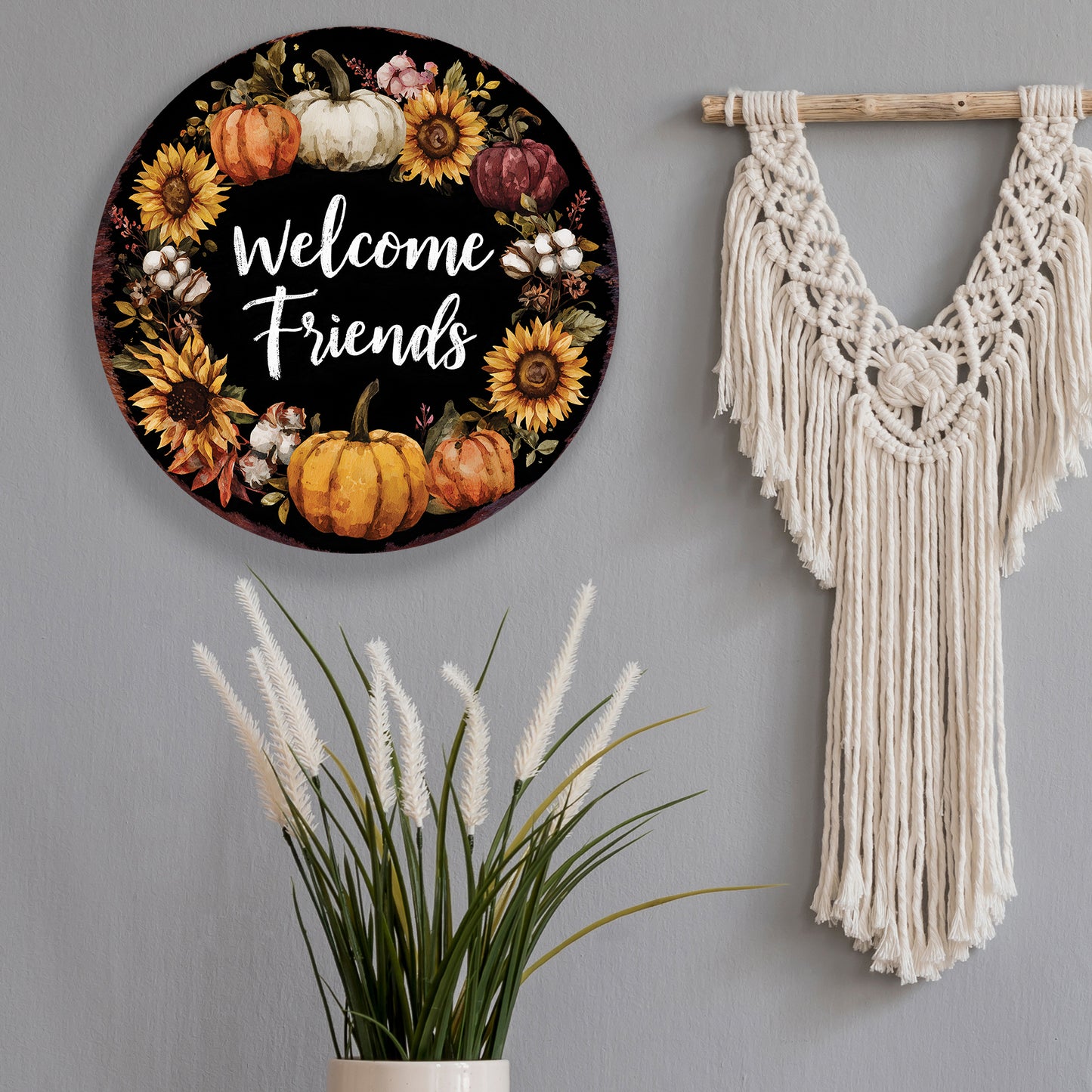 Welcome Friends Fall Door Hanger – UV Print Round Wood Sign with Pumpkin Wreath, Front Porch or Wall Decor, 12–16in