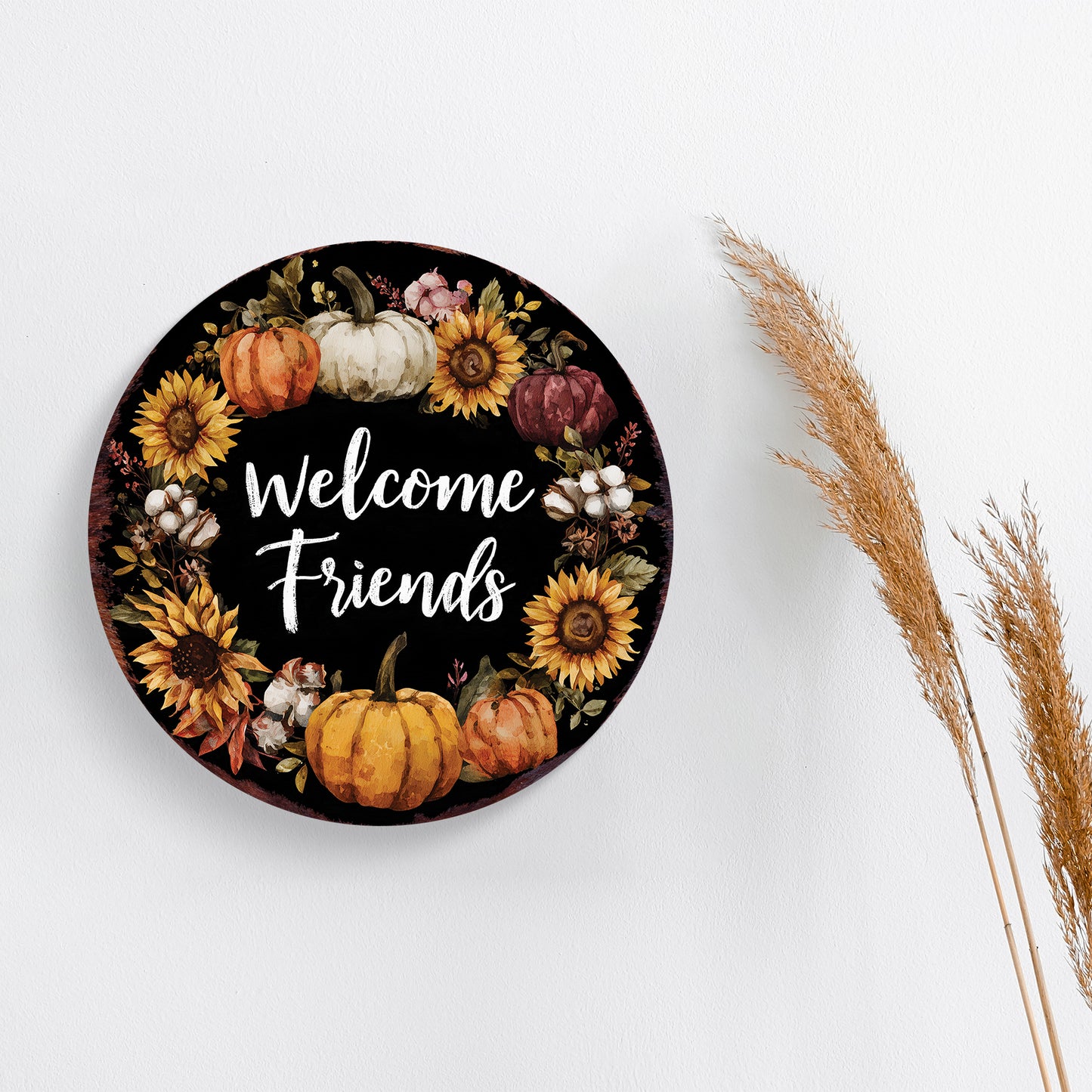 Welcome Friends Fall Door Hanger – UV Print Round Wood Sign with Pumpkin Wreath, Front Porch or Wall Decor, 12–16in