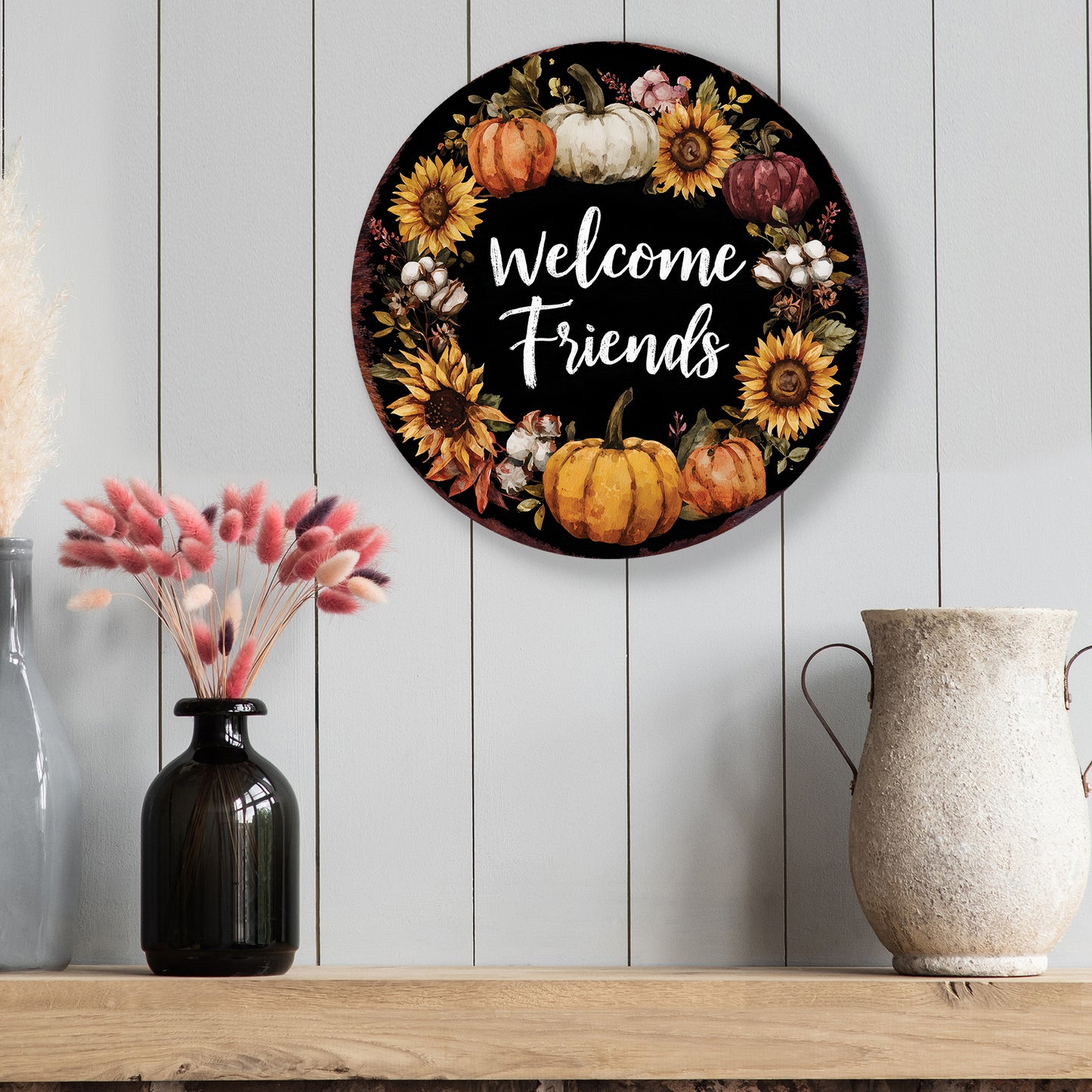 Welcome Friends Fall Door Hanger – UV Print Round Wood Sign with Pumpkin Wreath, Front Porch or Wall Decor, 12–16in
