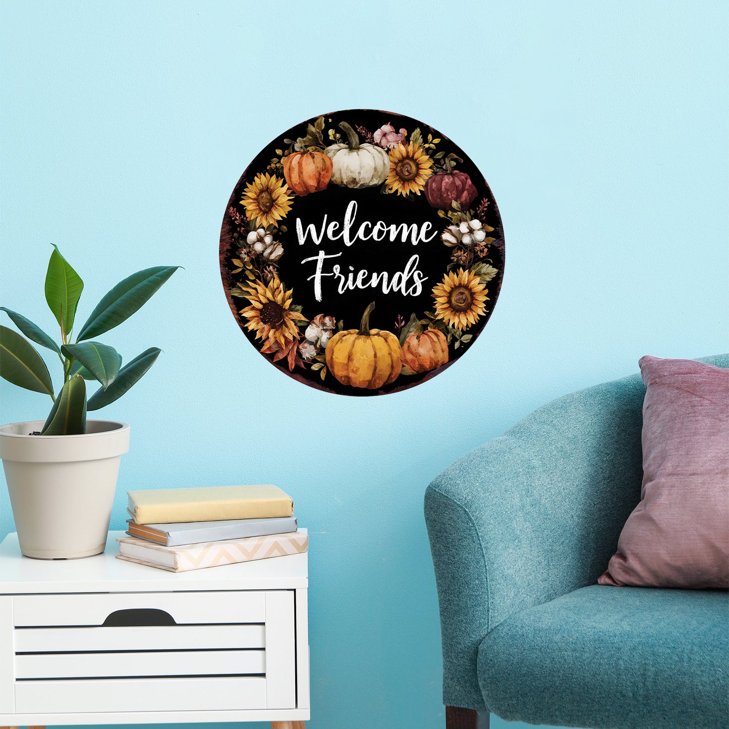 Welcome Friends Fall Door Hanger – UV Print Round Wood Sign with Pumpkin Wreath, Front Porch or Wall Decor, 12–16in