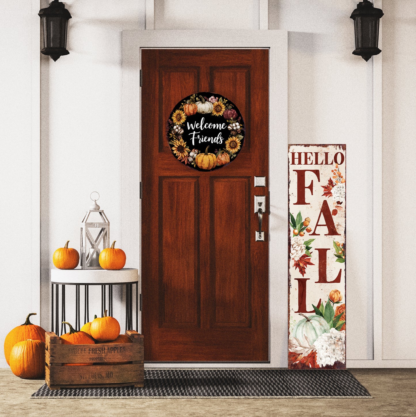 Welcome Friends Fall Door Hanger – UV Print Round Wood Sign with Pumpkin Wreath, Front Porch or Wall Decor, 12–16in