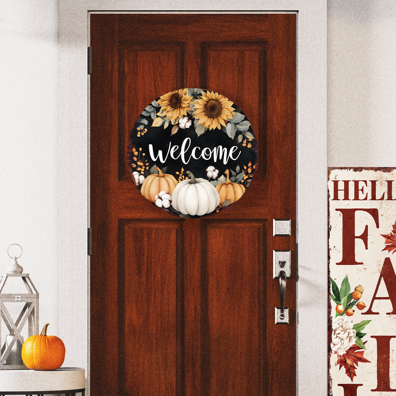 Welcome Fall Door Hanger – UV Print Round Wood Sign with Sunflowers & Pumpkins, Rustic Decor for Entry or Porch, 12–16in